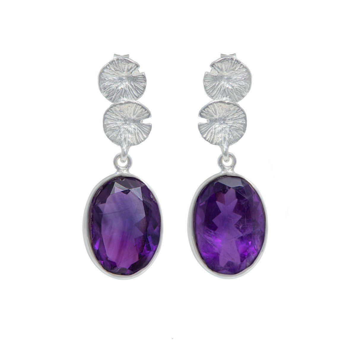 Lily Pad Earrings in Sterling Silver with an Amethyst Gemstone Drop