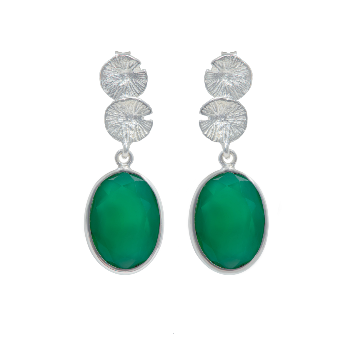 Lily Pad Earrings in Sterling Silver with a Green Onyx Gemstone Drop
