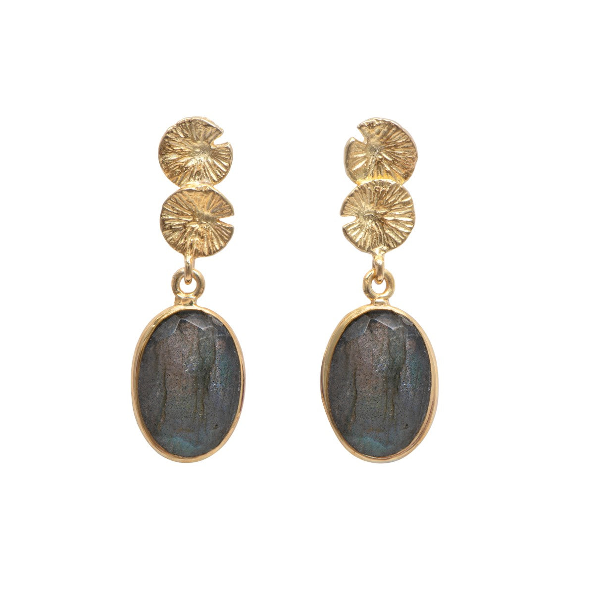 Lily Pad Earrings in Gold Plated Sterling Silver with a Labradorite Gemstone Drop
