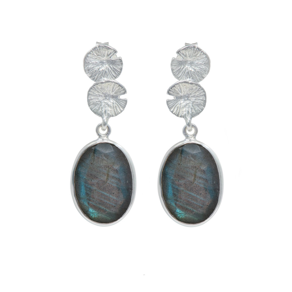 Lily Pad Earrings in Sterling Silver with a Labradorite Gemstone Drop