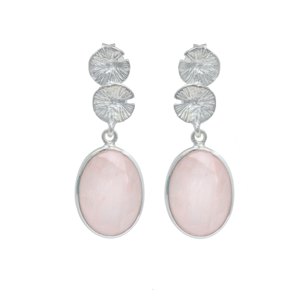 Lily Pad Earrings in Sterling Silver with a Rose Quartz Gemstone Drop