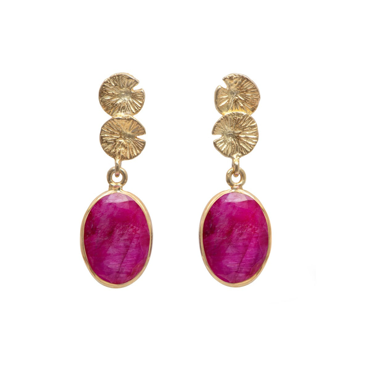 Lily Pad Earrings in Gold Plated Sterling Silver with a Ruby Quartz Gemstone Drop