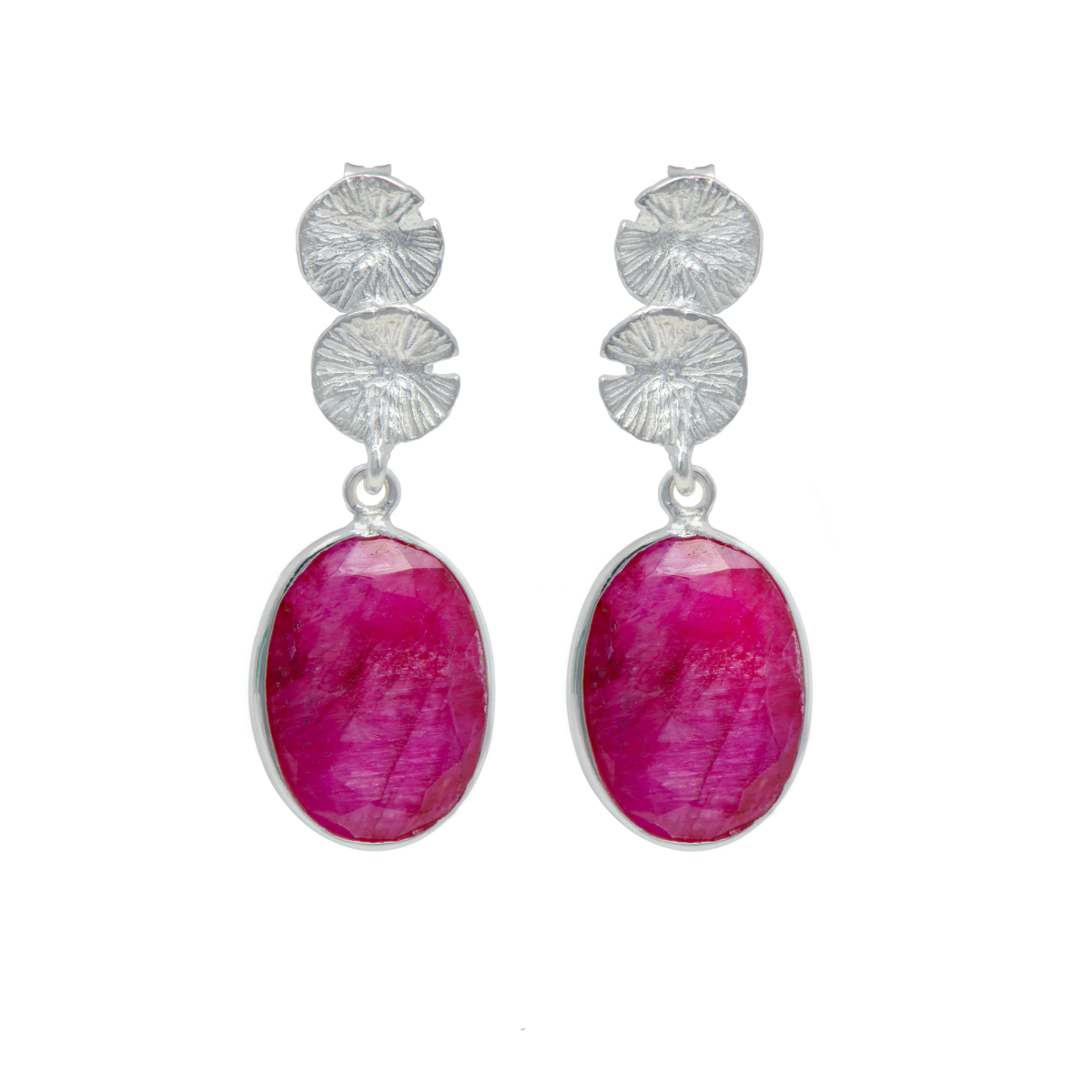 Lily Pad Earrings in Sterling Silver with a Ruby Quartz Gemstone Drop