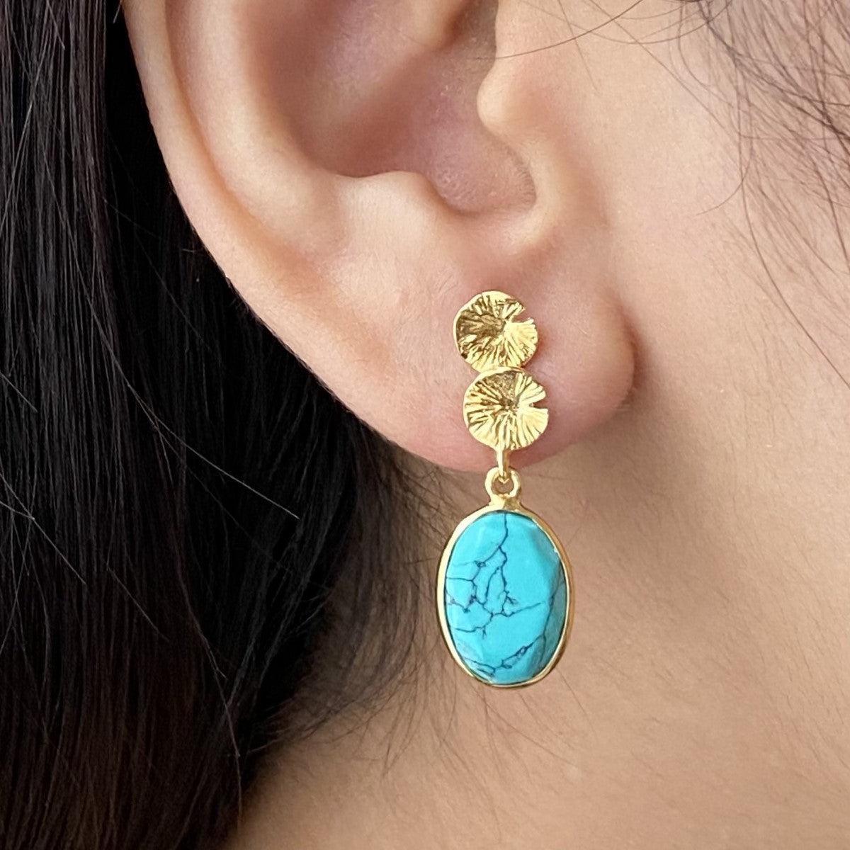 Lily Pad Earrings in Gold Plated Sterling Silver with a Turquoise Gemstone Drop