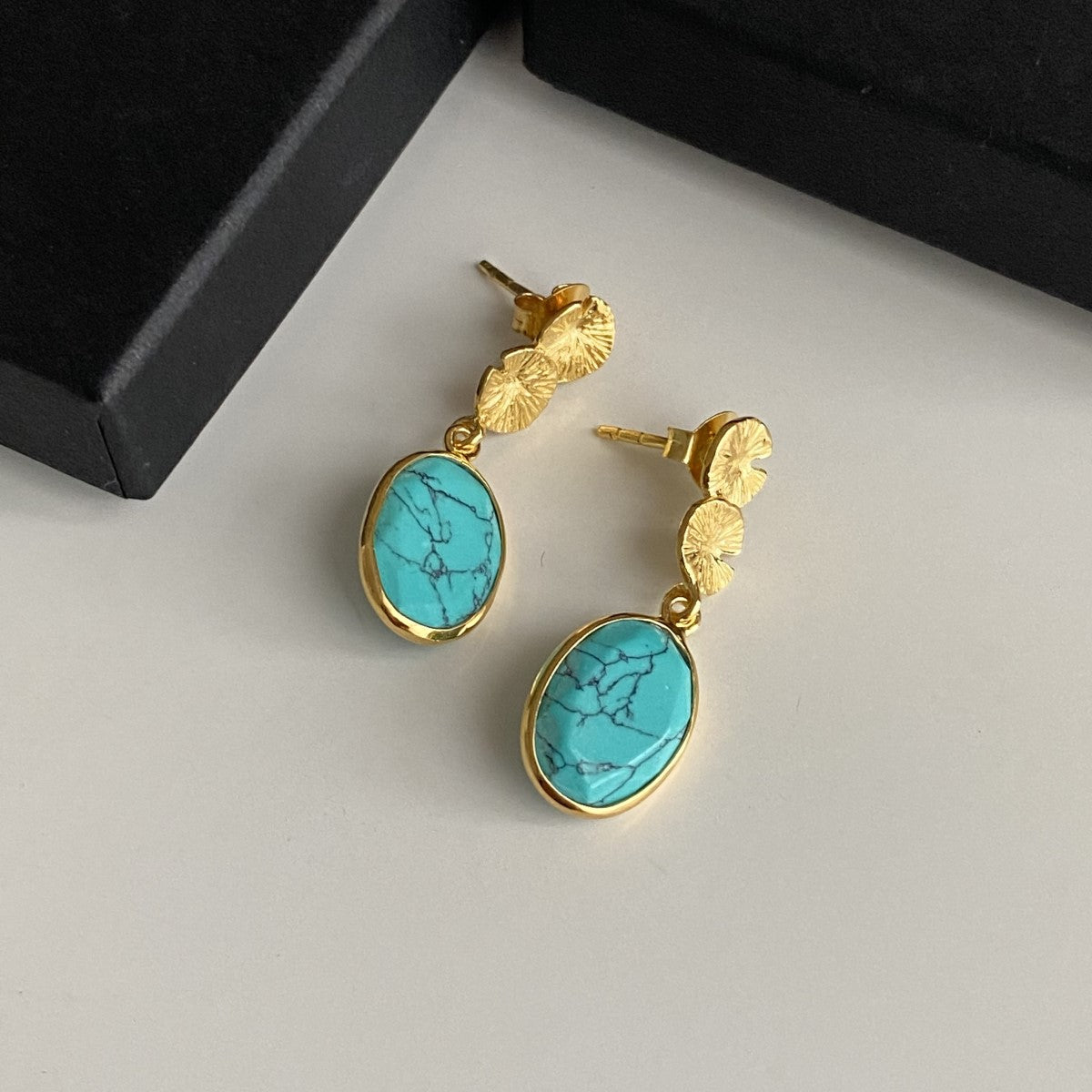 Lily Pad Earrings in Gold Plated Sterling Silver with a Turquoise Gemstone Drop