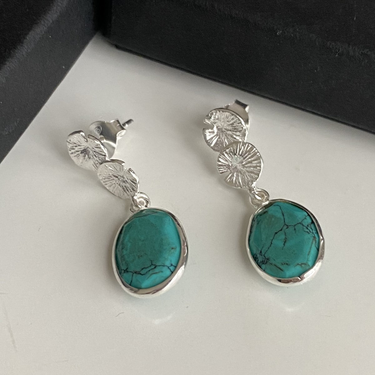 Lily Pad Earrings in Sterling Silver with a Turquoise Gemstone Drop