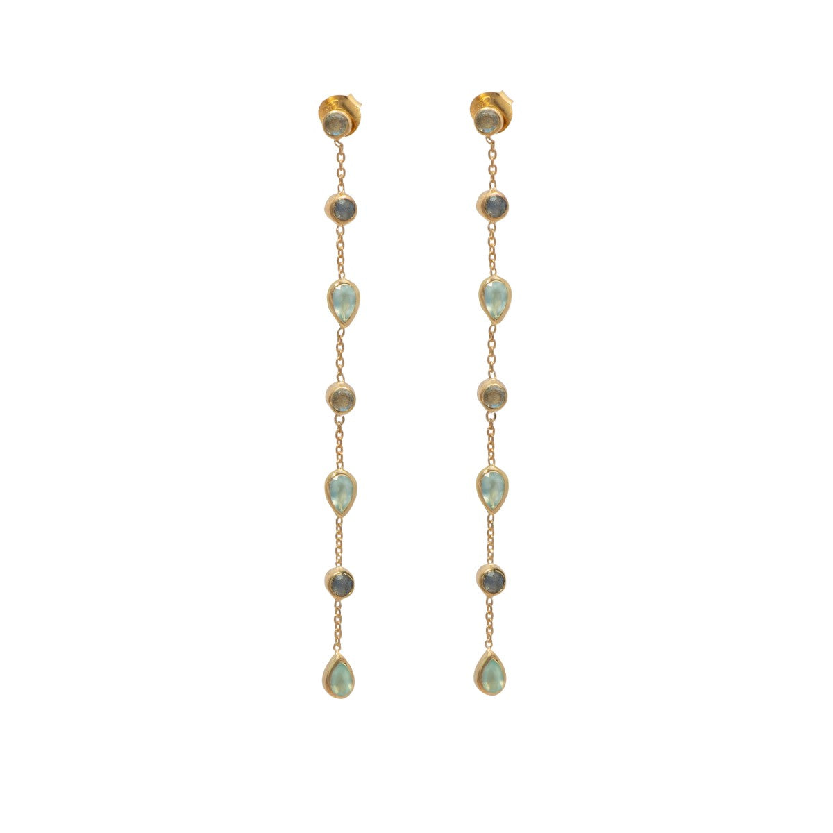 Long fine earrings with small round and teardrop gemstones - Aqua Chalcedony and Labradorite
