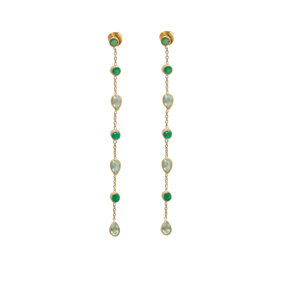 Long fine earrings with small round and teardrop gemstones - Green Onyx and Aqua Chalcedony