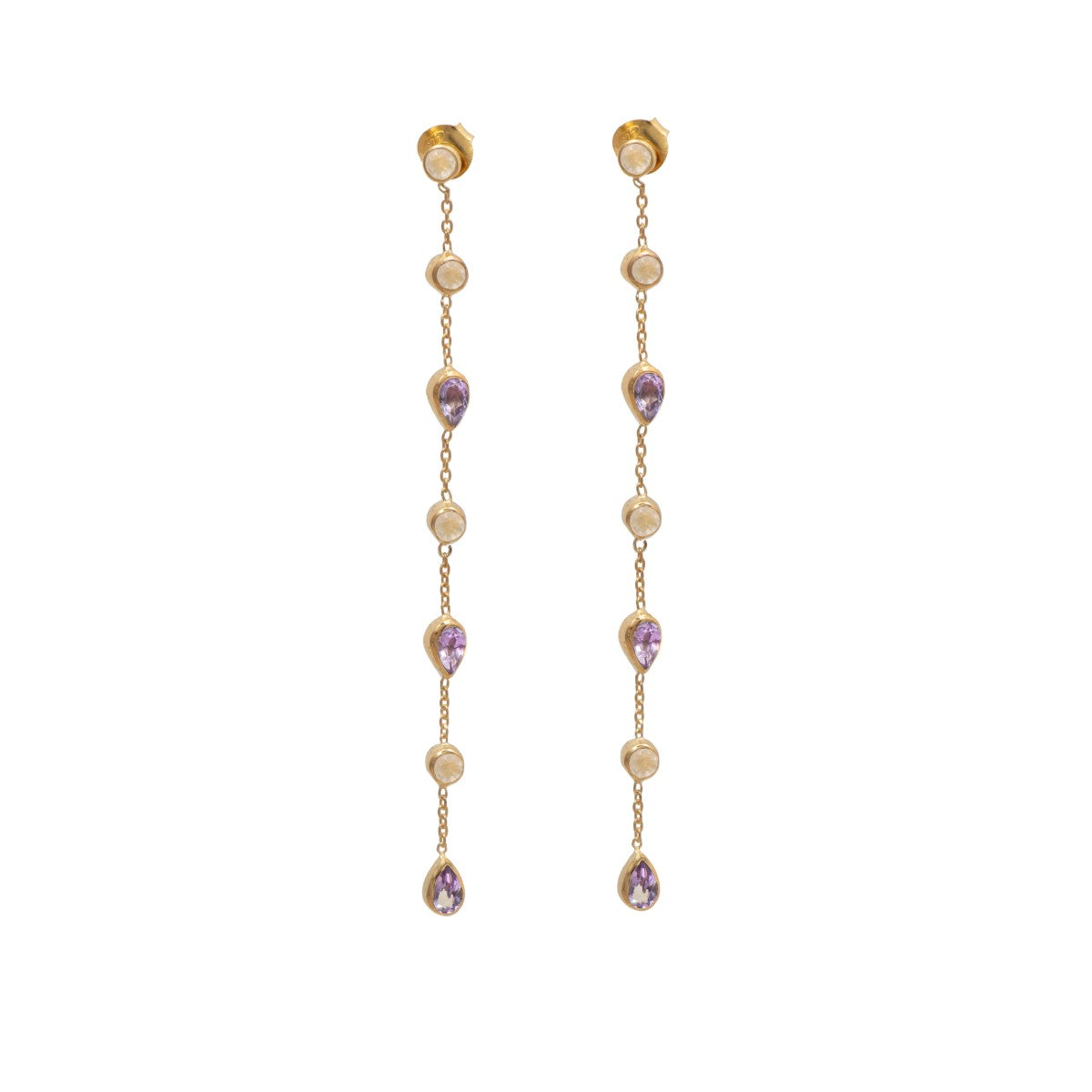 Long fine earrings with small round and teardrop gemstones - Rose Quartz and Amethyst