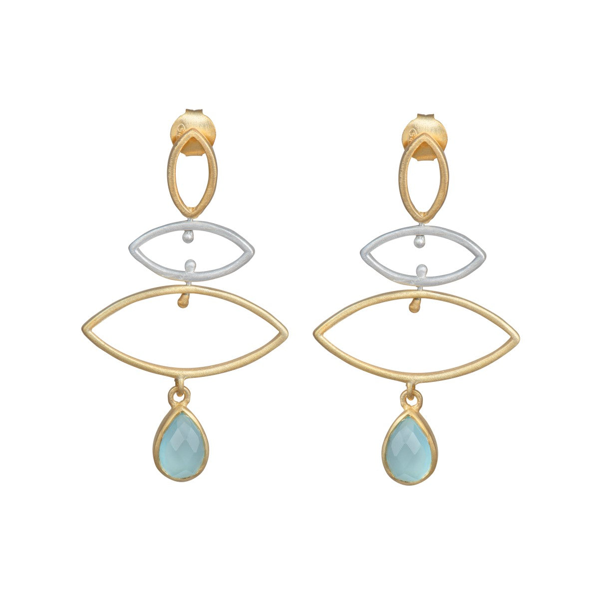 Long earrings in sterling silver and gold plated sterling silver with a stone drop - Aqua Chalcedony