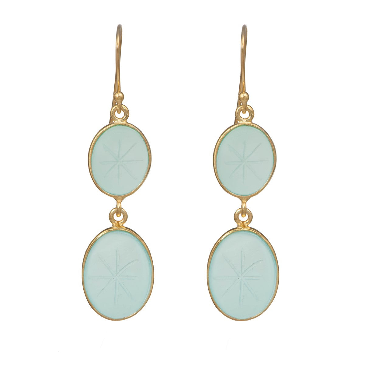 Star Patterned Oval Aqua Chalcedony Gemstone Earrings in Gold Plated Sterling Silver