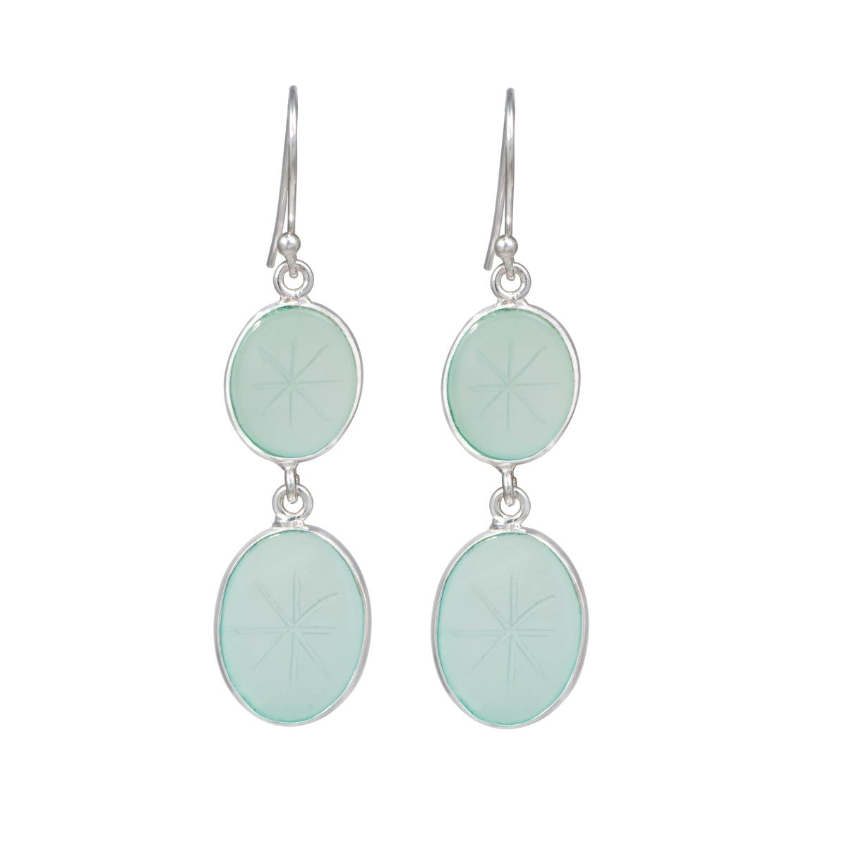 Star Patterned Oval Aqua Chalcedony Gemstone Earrings in Sterling Silver