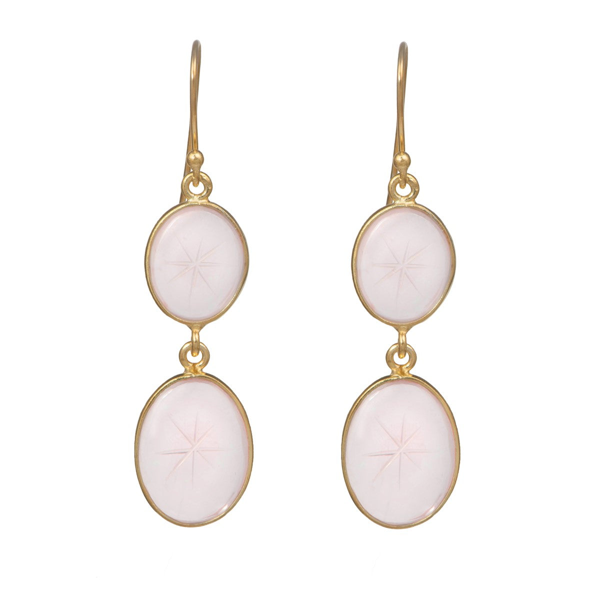 Star Patterned Oval Rose Quartz Gemstone Earrings in Gold Plated Sterling Silver