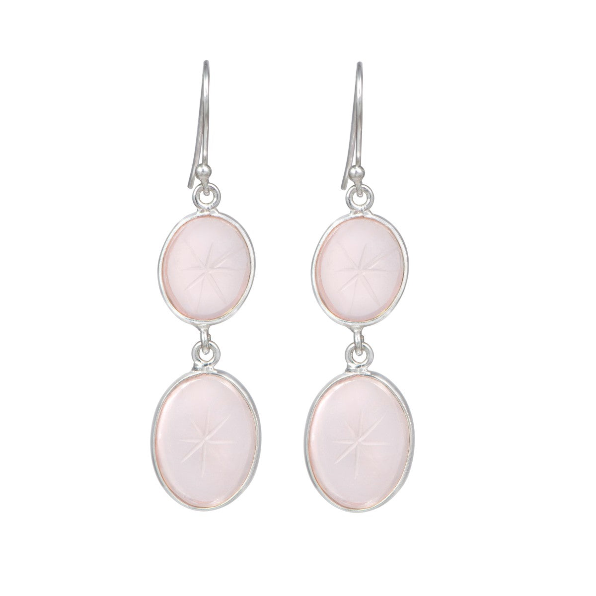 Star Patterned Oval Rose Quartz Gemstone Earrings in Sterling Silver