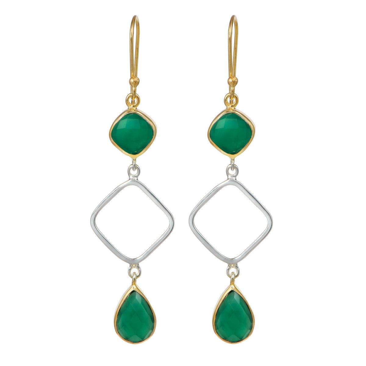 Green Onyx Two Tone Long Earrings with Two Faceted Gemstones