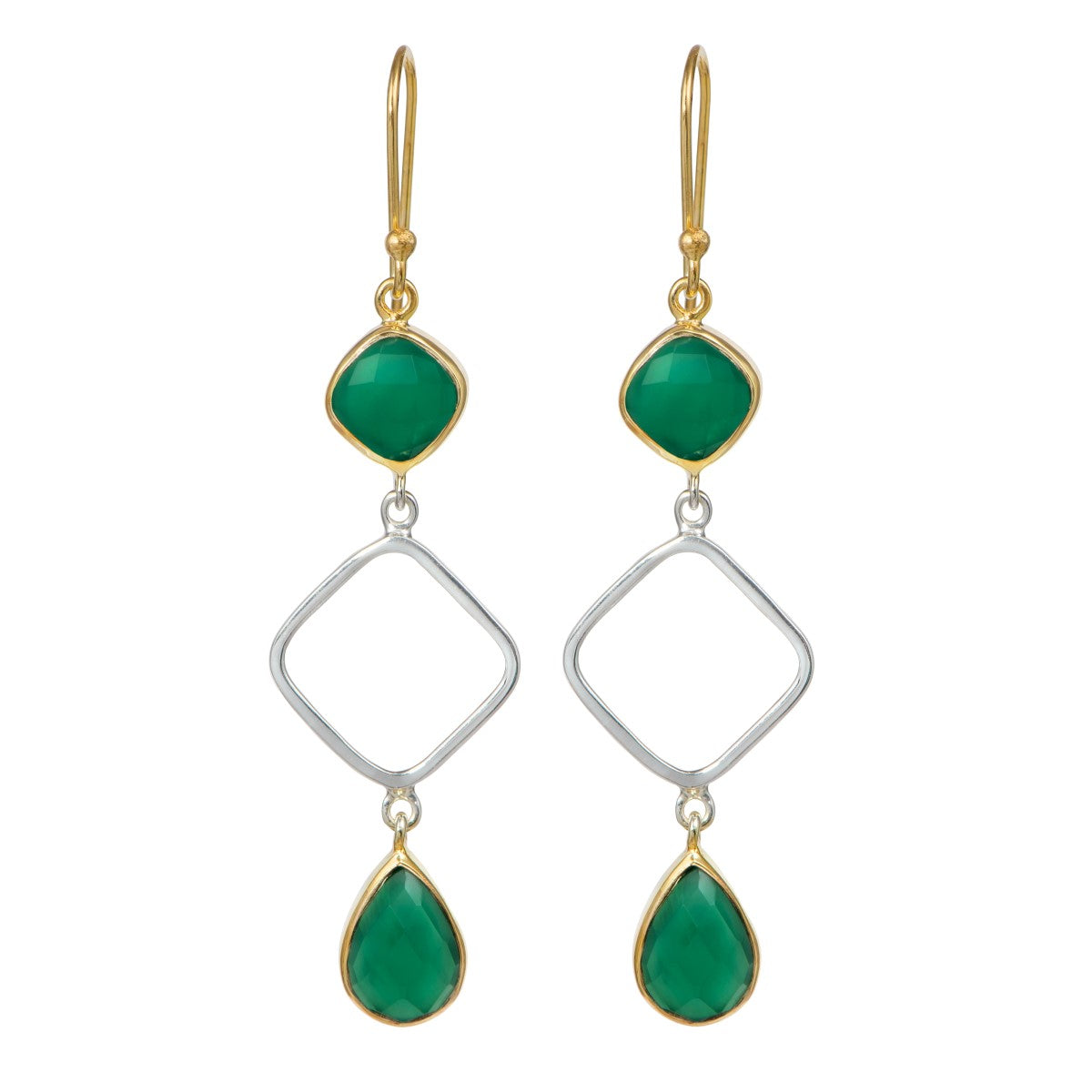 Green Onyx Two Tone Long Earrings with Two Faceted Gemstones