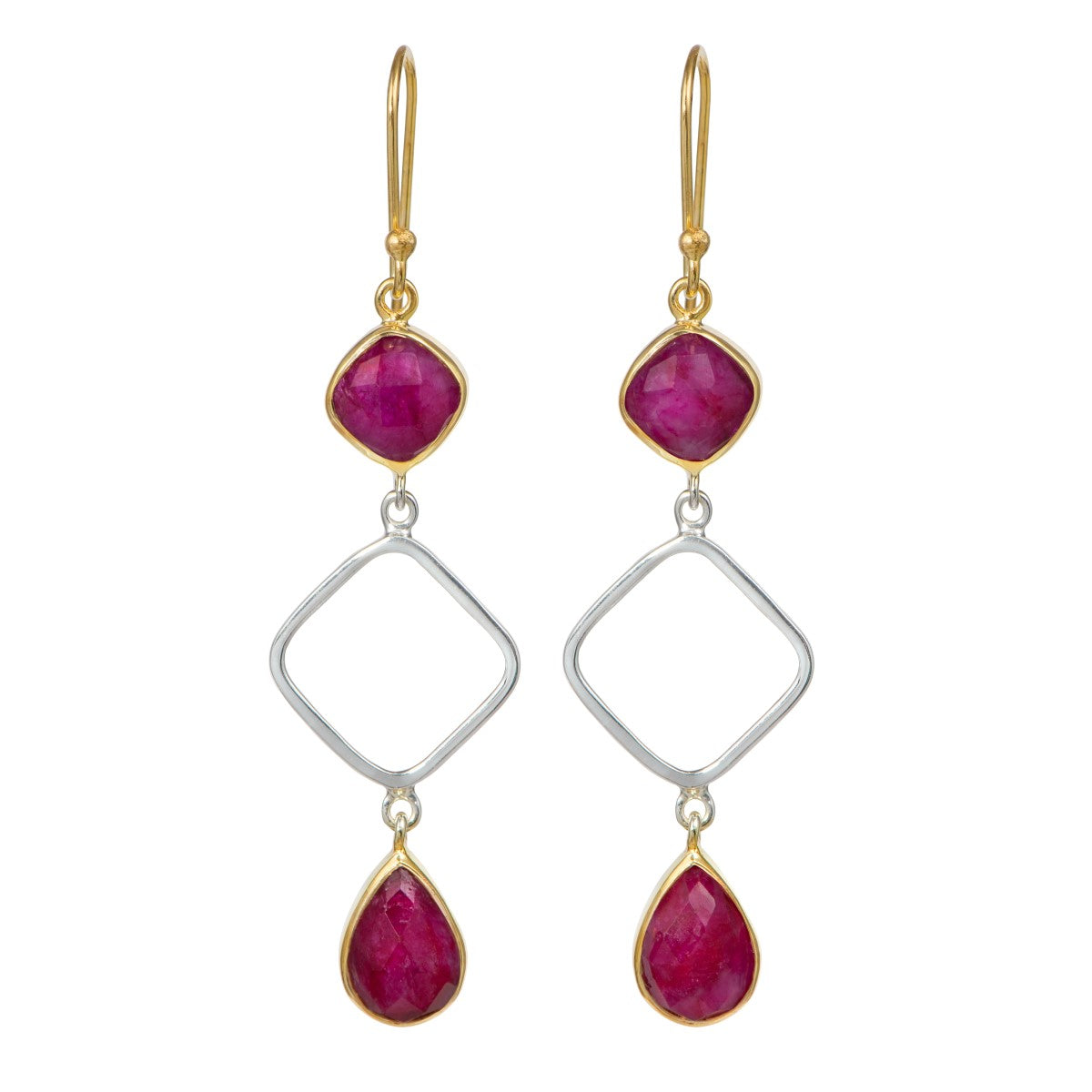 Ruby Quartz Two Tone Long Earrings with Two Faceted Gemstones