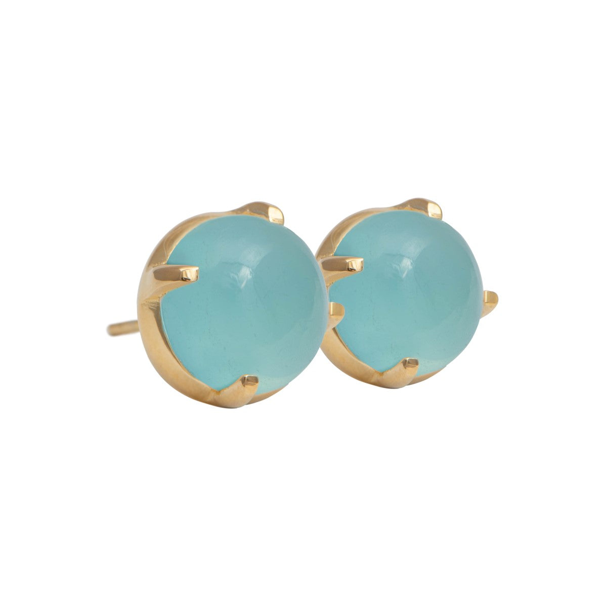 Round Cabochon Aqua Chalcedony Stud Earrings in Gold Plated Sterling Silver