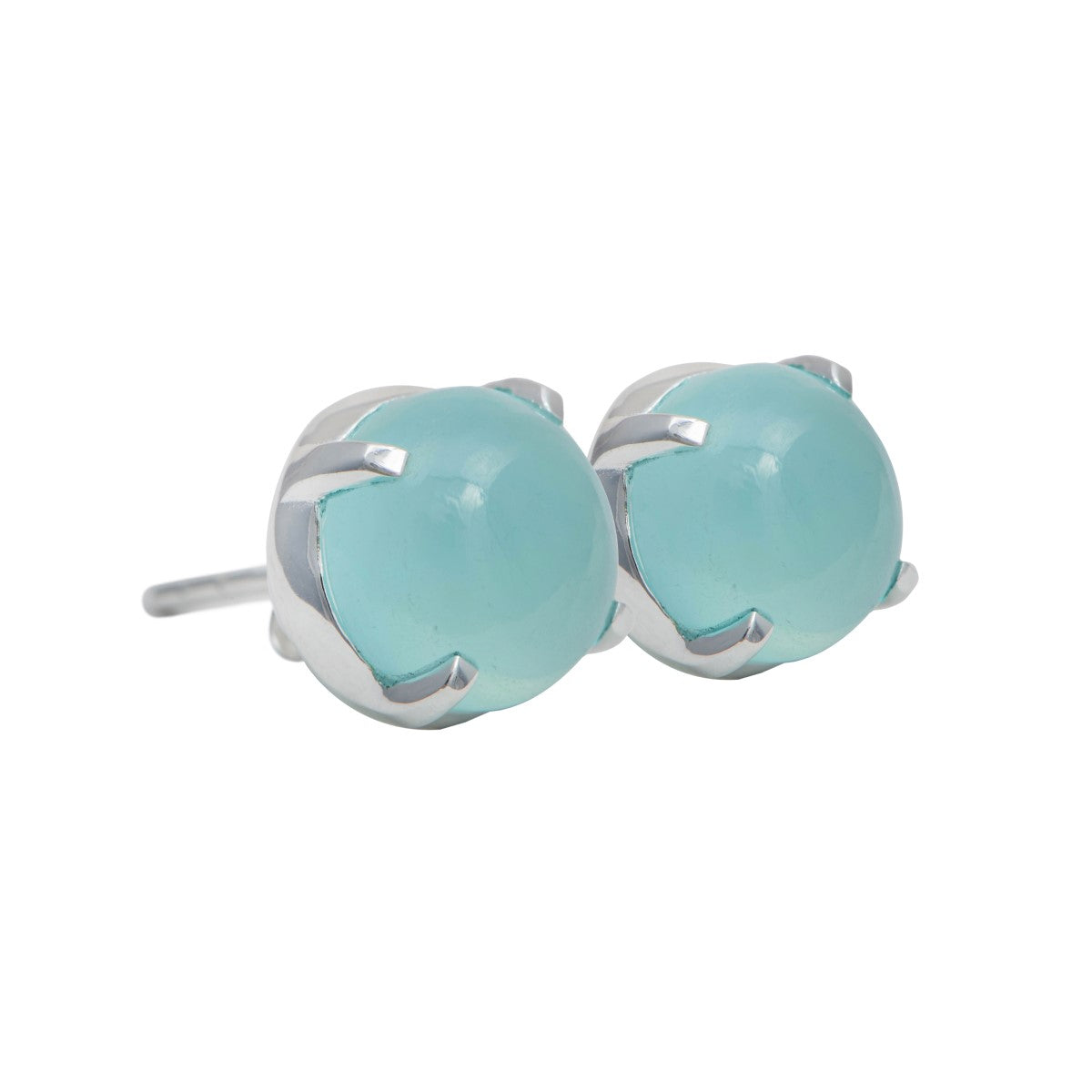 Round Cabochon Aqua Chalcedony Stud Earrings in Sterling Silver