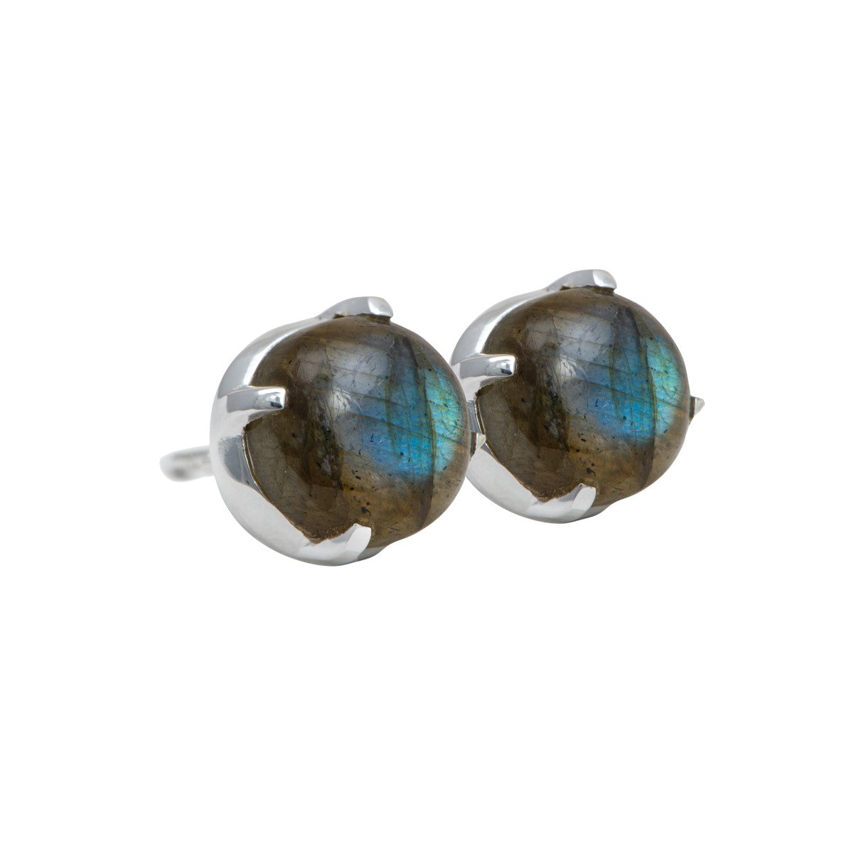 Round Cabochon Labradorite Stud Earrings in Sterling Silver