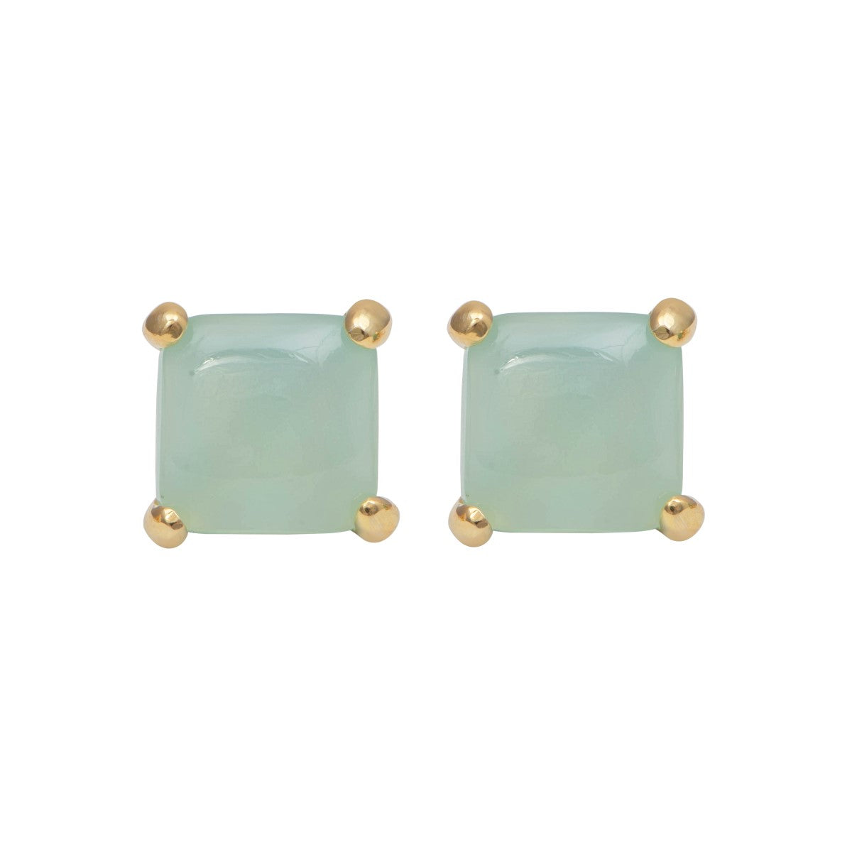 Square Cabochon Aqua Chalcedony Stud Earrings in Gold Plated Sterling Silver