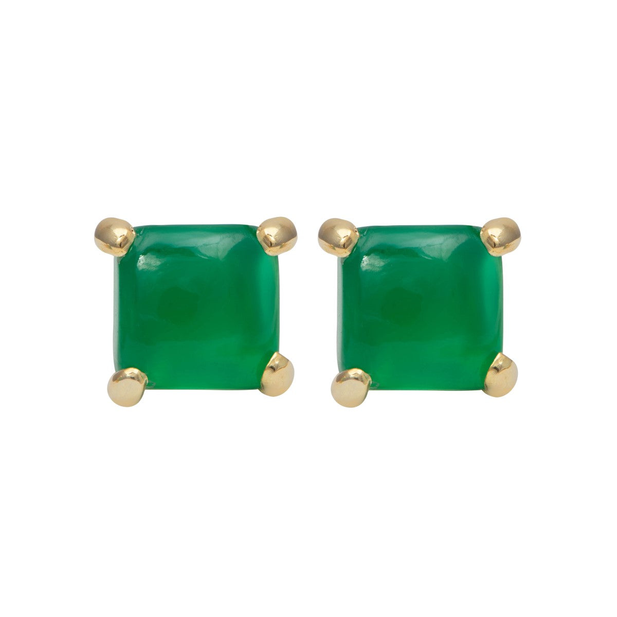 Square Cabochon Green Onyx Stud Earrings in Gold Plated Sterling Silver