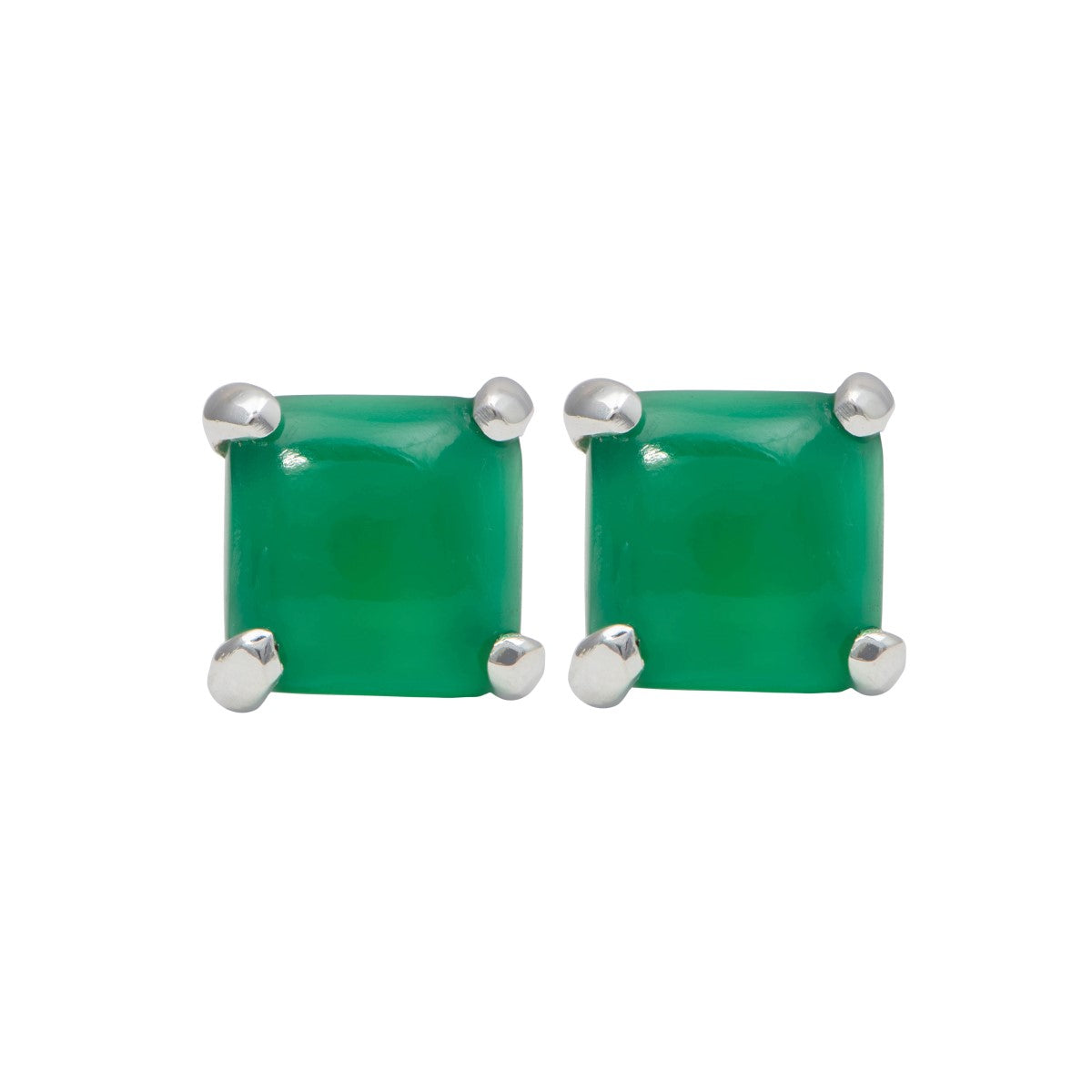 Square Cabochon Green Onyx Stud Earrings in Sterling Silver