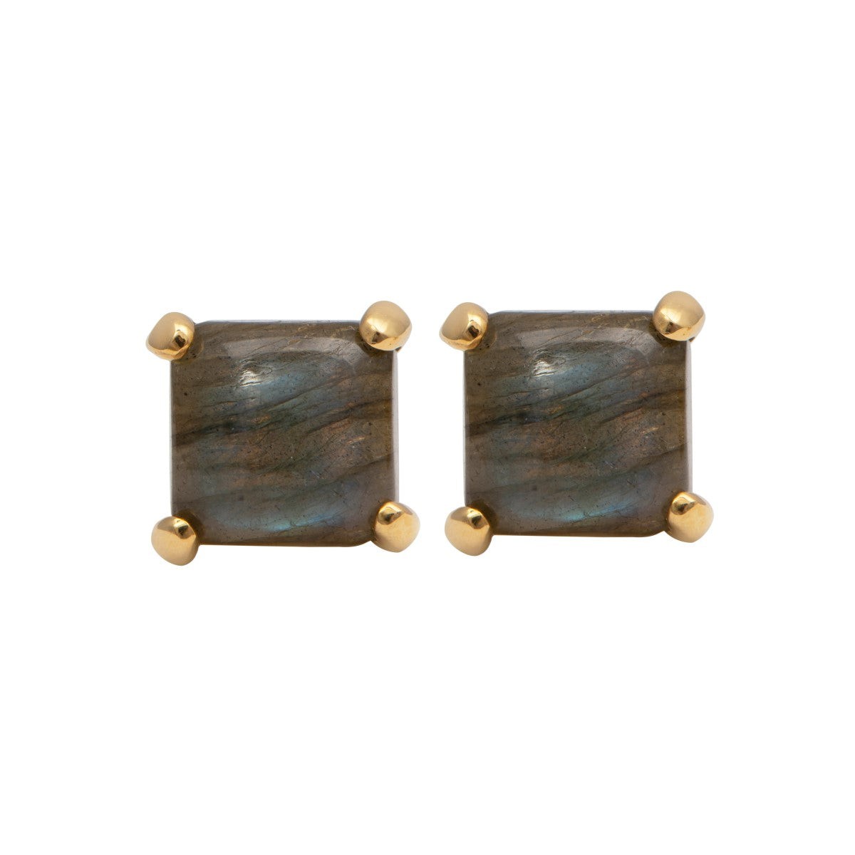 Square Cabochon Labradorite Stud Earrings in Gold Plated Sterling Silver