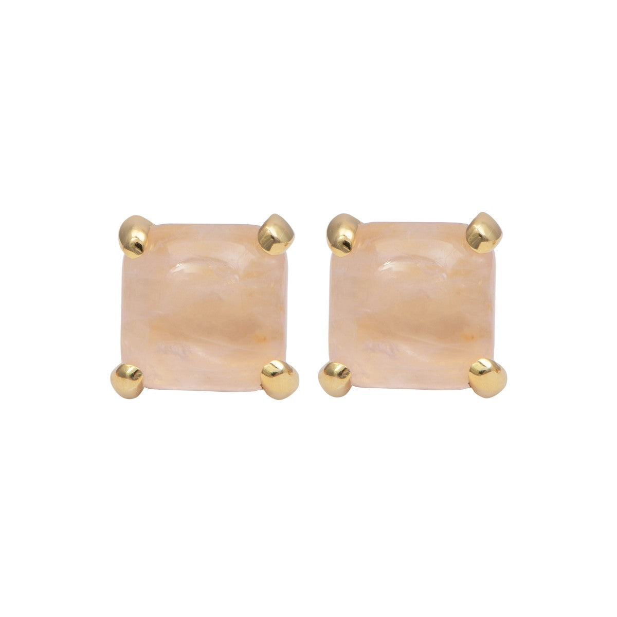 Square Cabochon Rose Quartz Stud Earrings in Gold Plated Sterling Silver