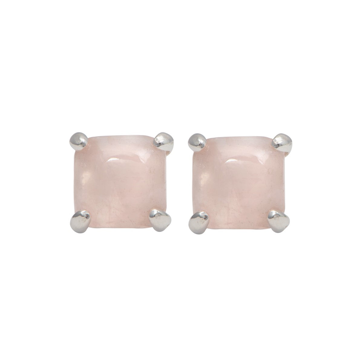 Square Cabochon Rose Quartz Stud Earrings in Sterling Silver
