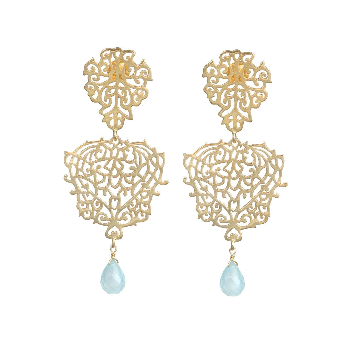 Gold Plated Sterling Silver Intricate Filigree Long Earrings with Stone Drop - Aqua Chalcedony