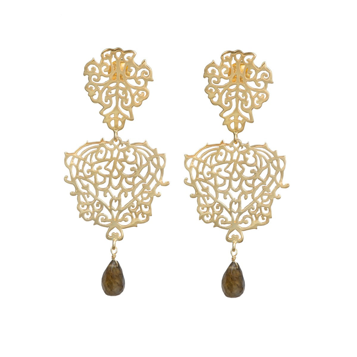 Gold Plated Sterling Silver Intricate Filigree Long Earrings with Stone Drop - Labradorite