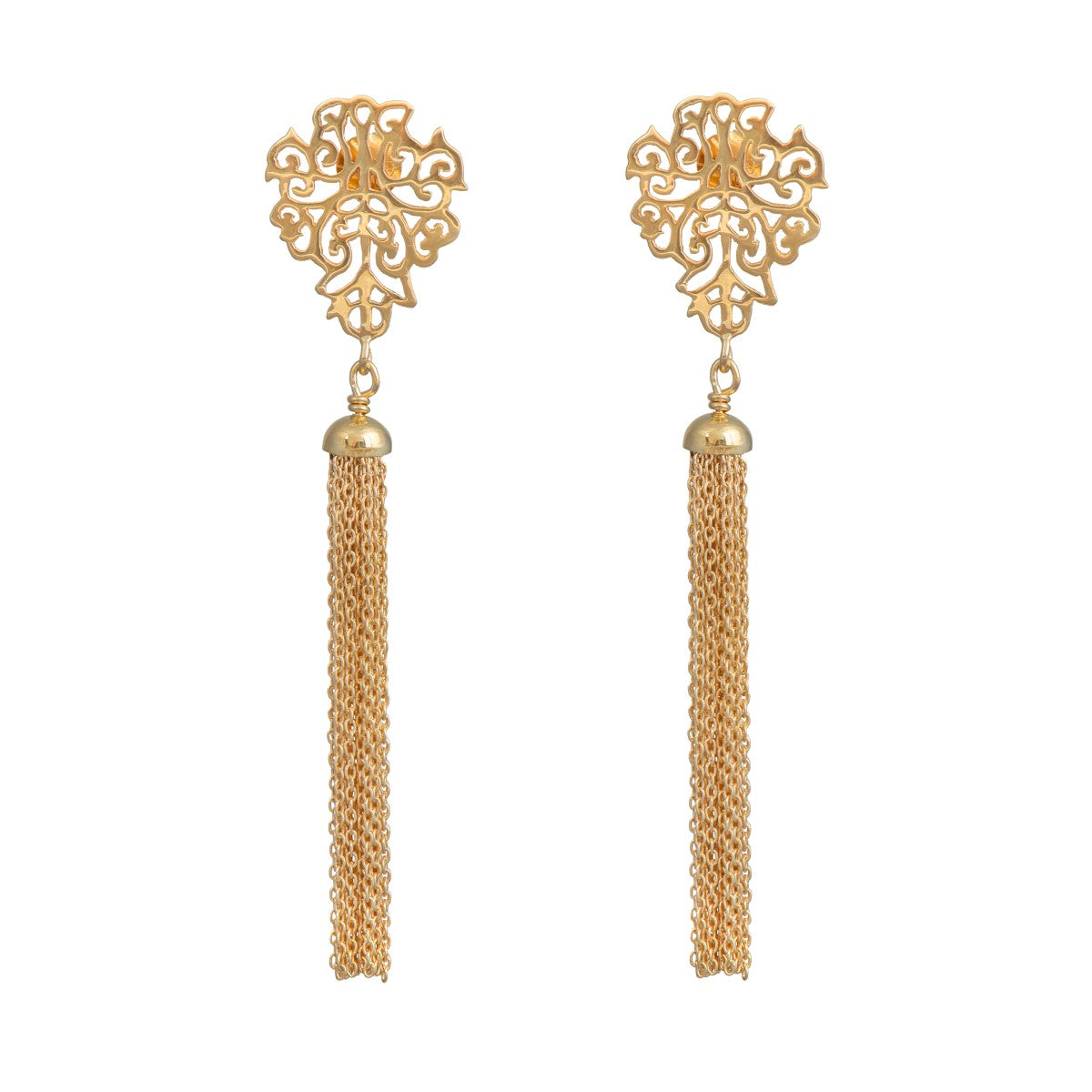 Gold Plated Sterling Silver Intricate Filigree Long Earrings with Tassels