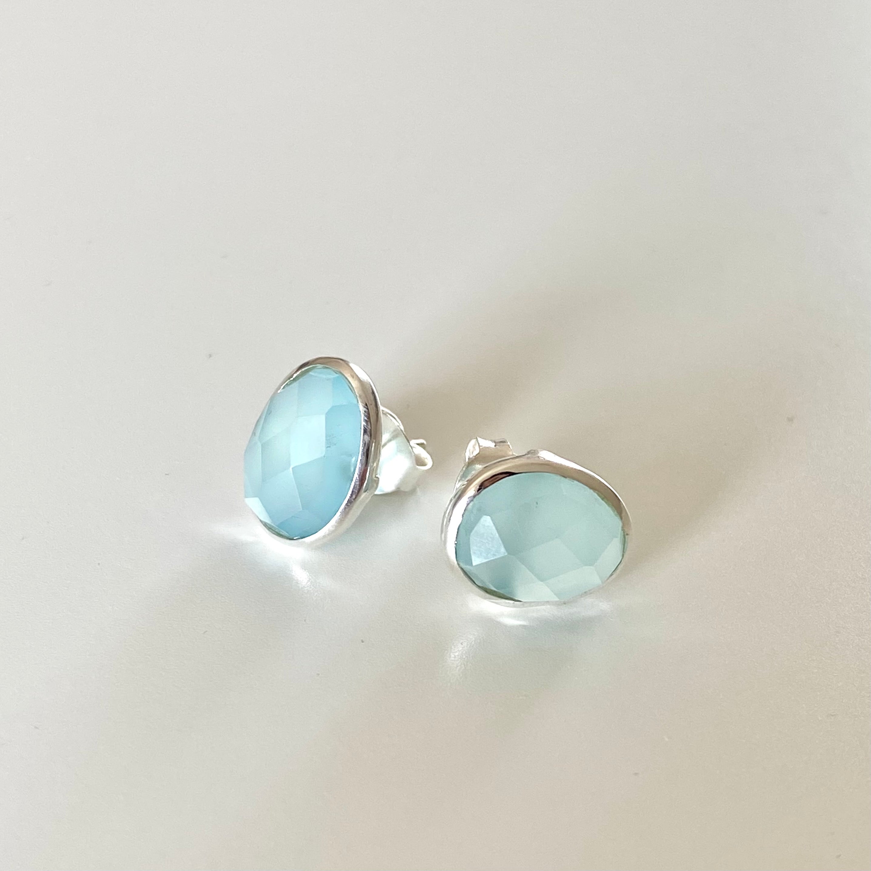 Aqua Chalcedony Organic Elliptical Shaped Gemstone Studs in Sterling Silver