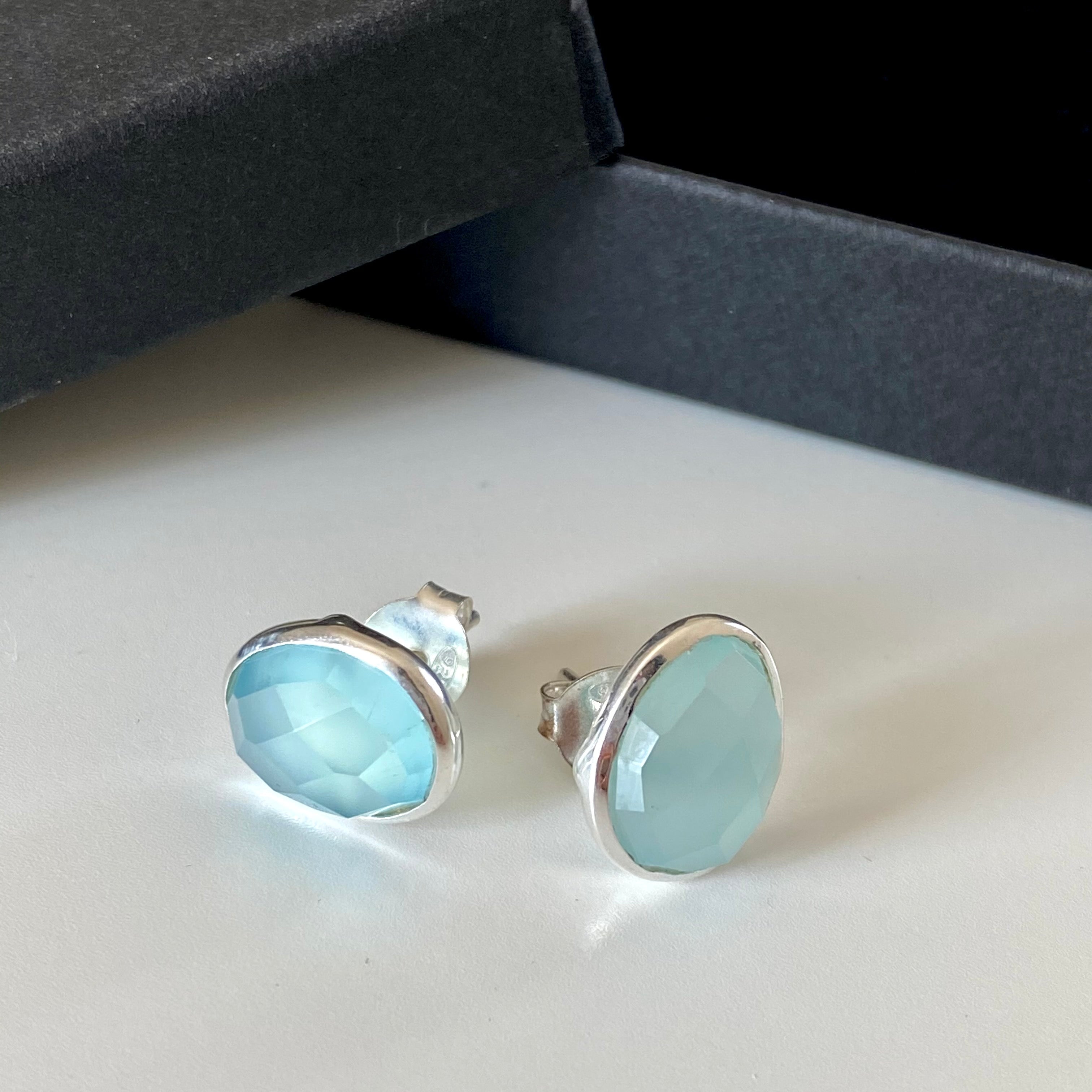 Aqua Chalcedony Organic Elliptical Shaped Gemstone Studs in Sterling Silver