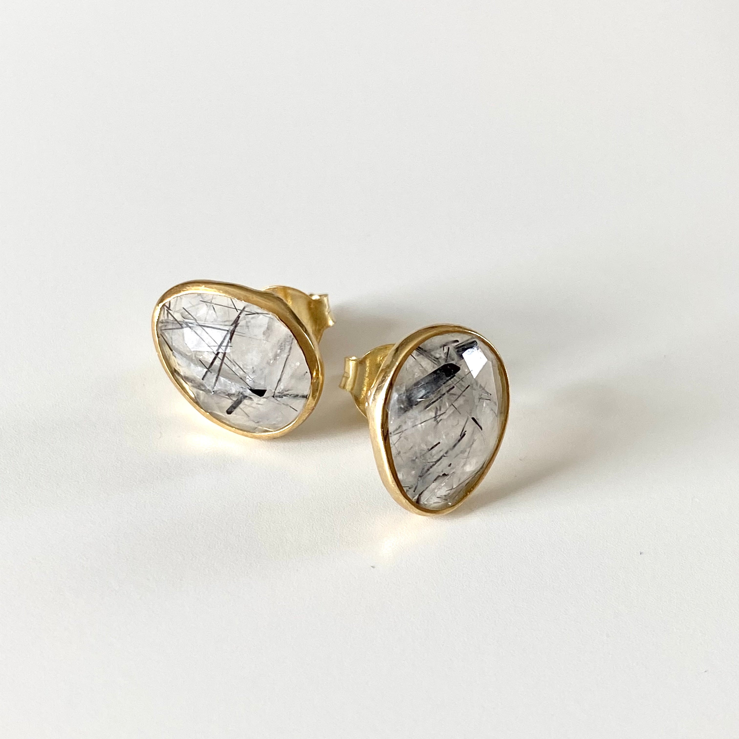 Black Rutilated Quartz Organic Elliptical Shaped Gemstone Studs in Gold Plated Sterling Silver