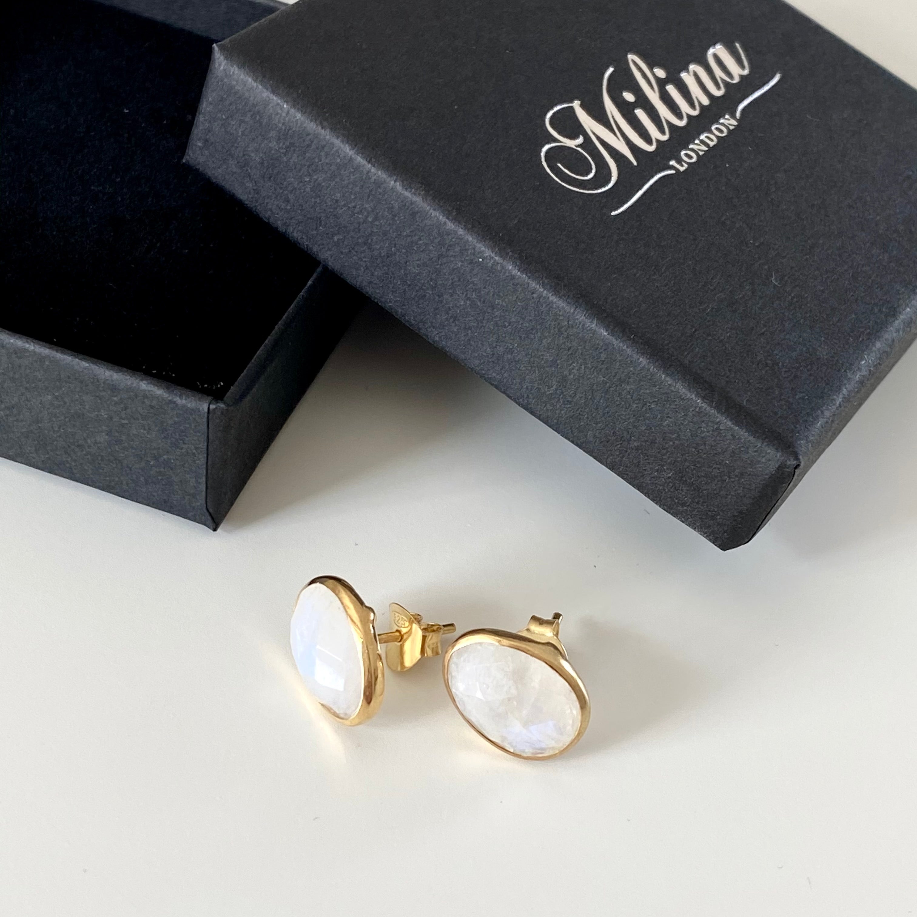 Moonstone Organic Elliptical Shaped Gemstone Studs in Gold Plated Sterling Silver