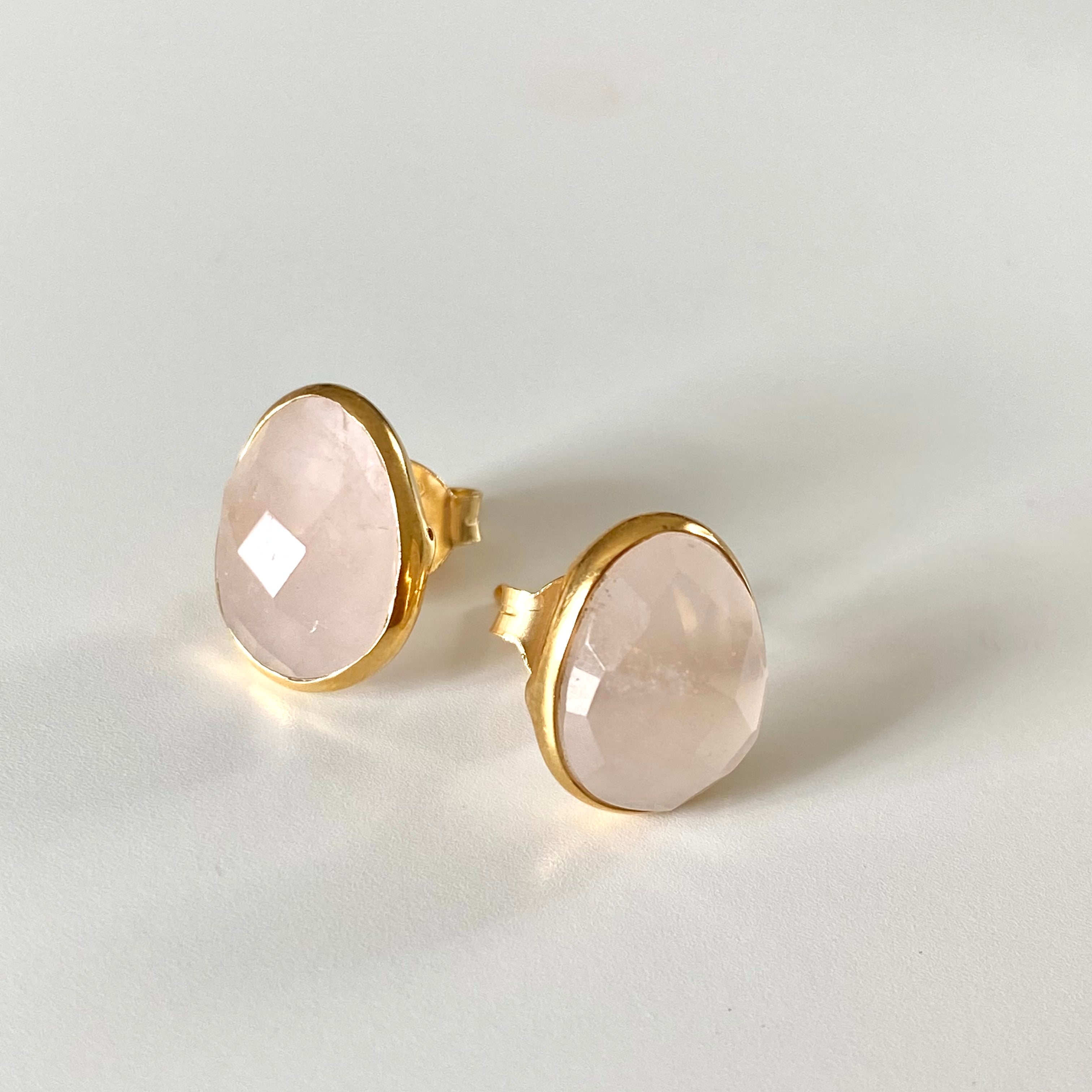 Rose Quartz Organic Elliptical Shaped Gemstone Studs in Gold Plated Sterling Silver