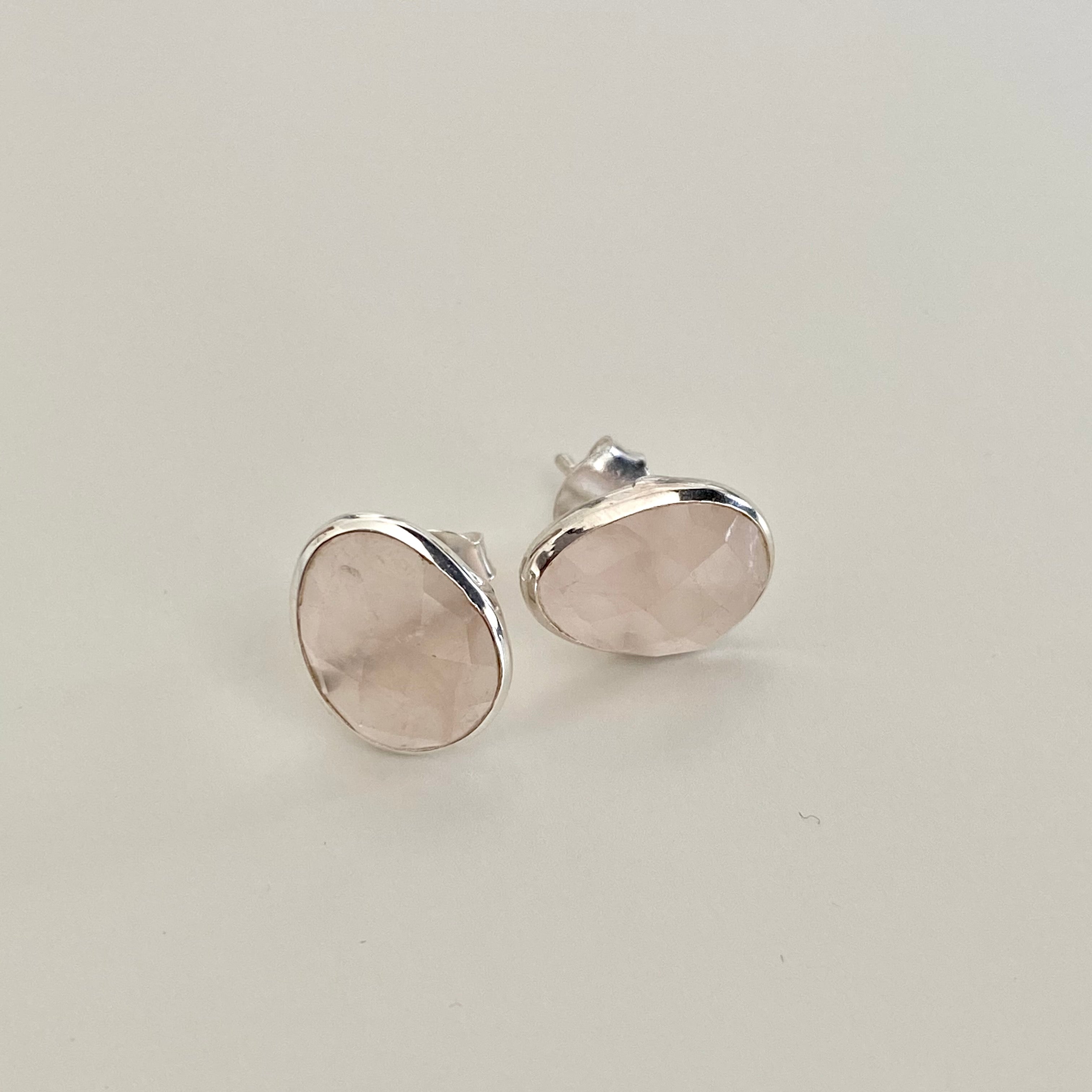 Rose Quartz Organic Elliptical Shaped Gemstone Studs in Sterling Silver