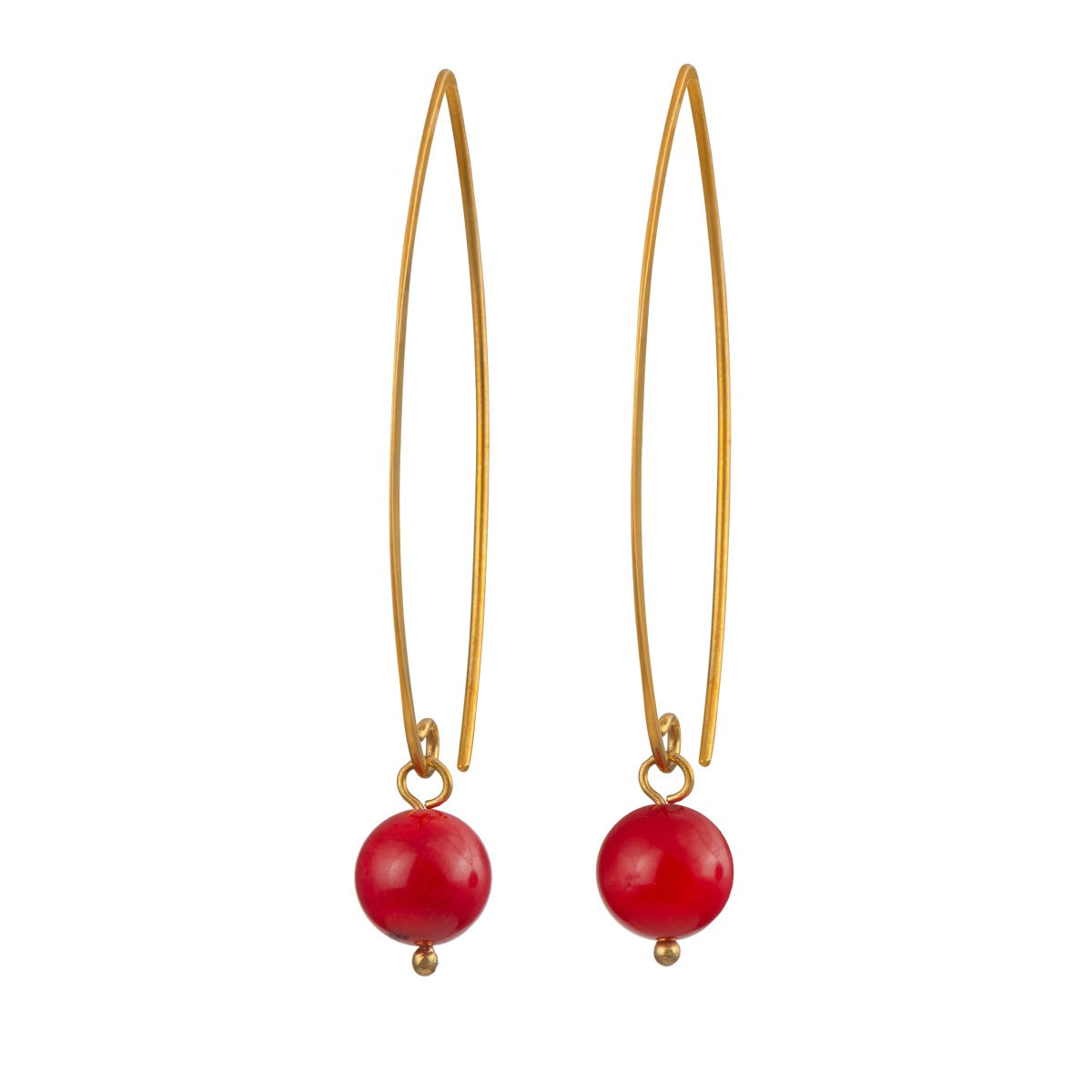 Gold Plated Long Sterling Silver Threader Earrings with a Coral Drop