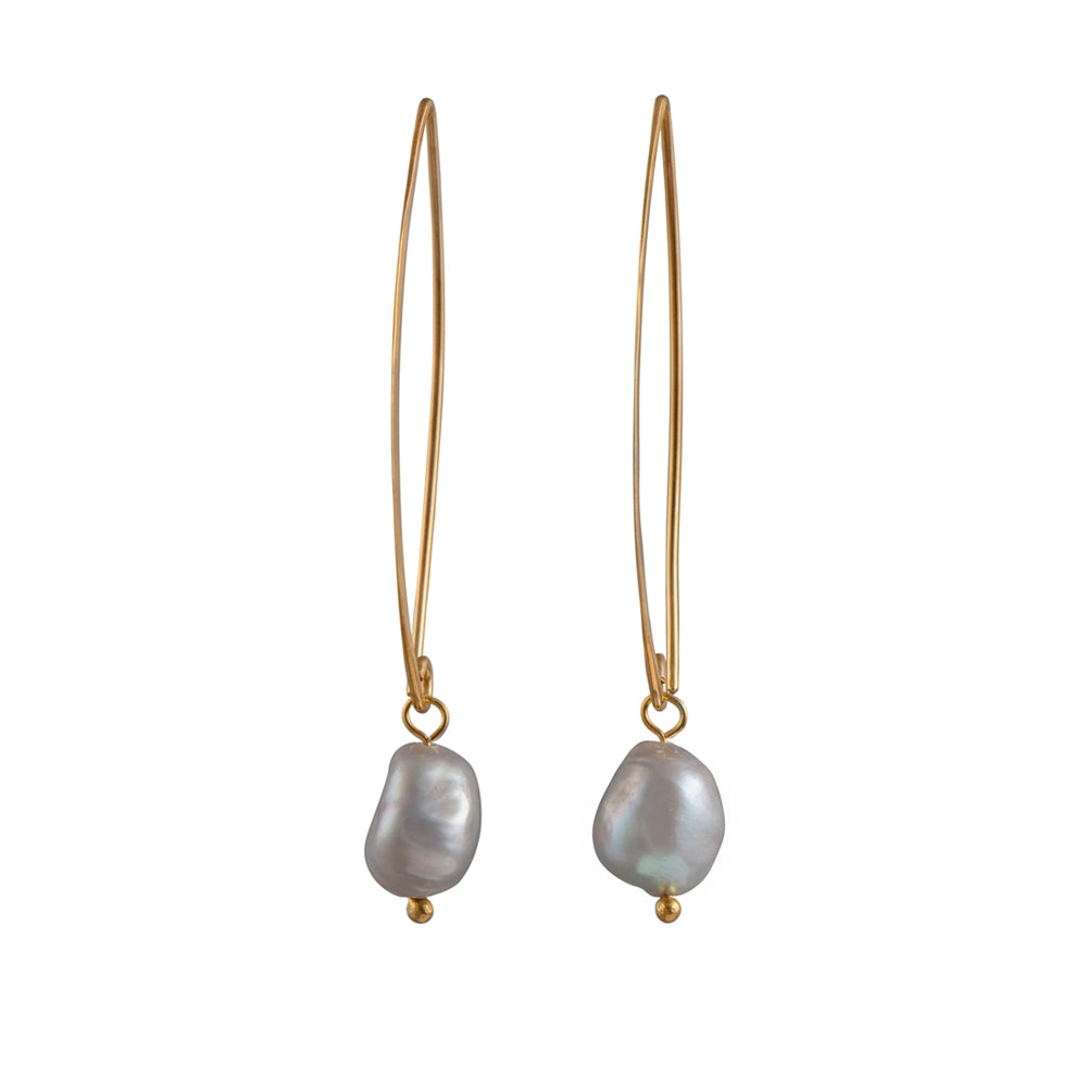 Gold Plated Long Silver Earrings with Grey Pearl Drop