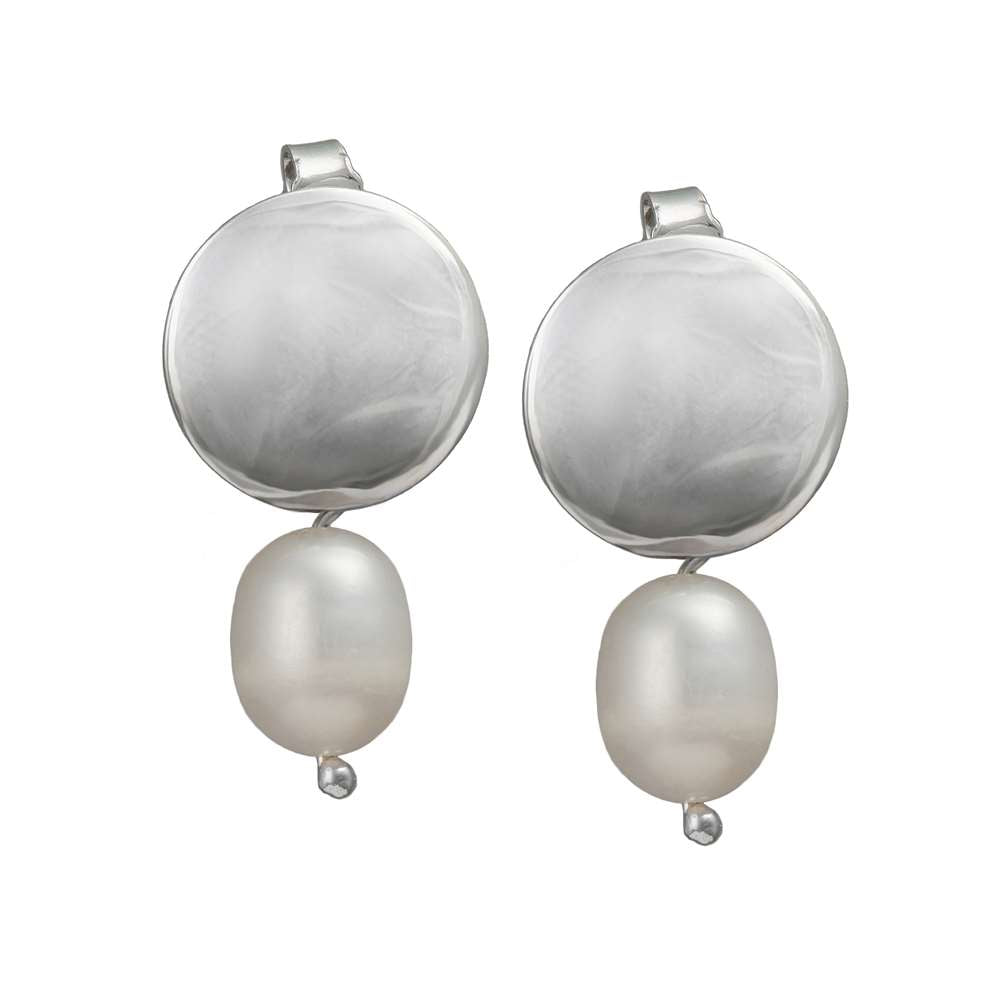 Silver Disc Pearl Earrings | Milina London