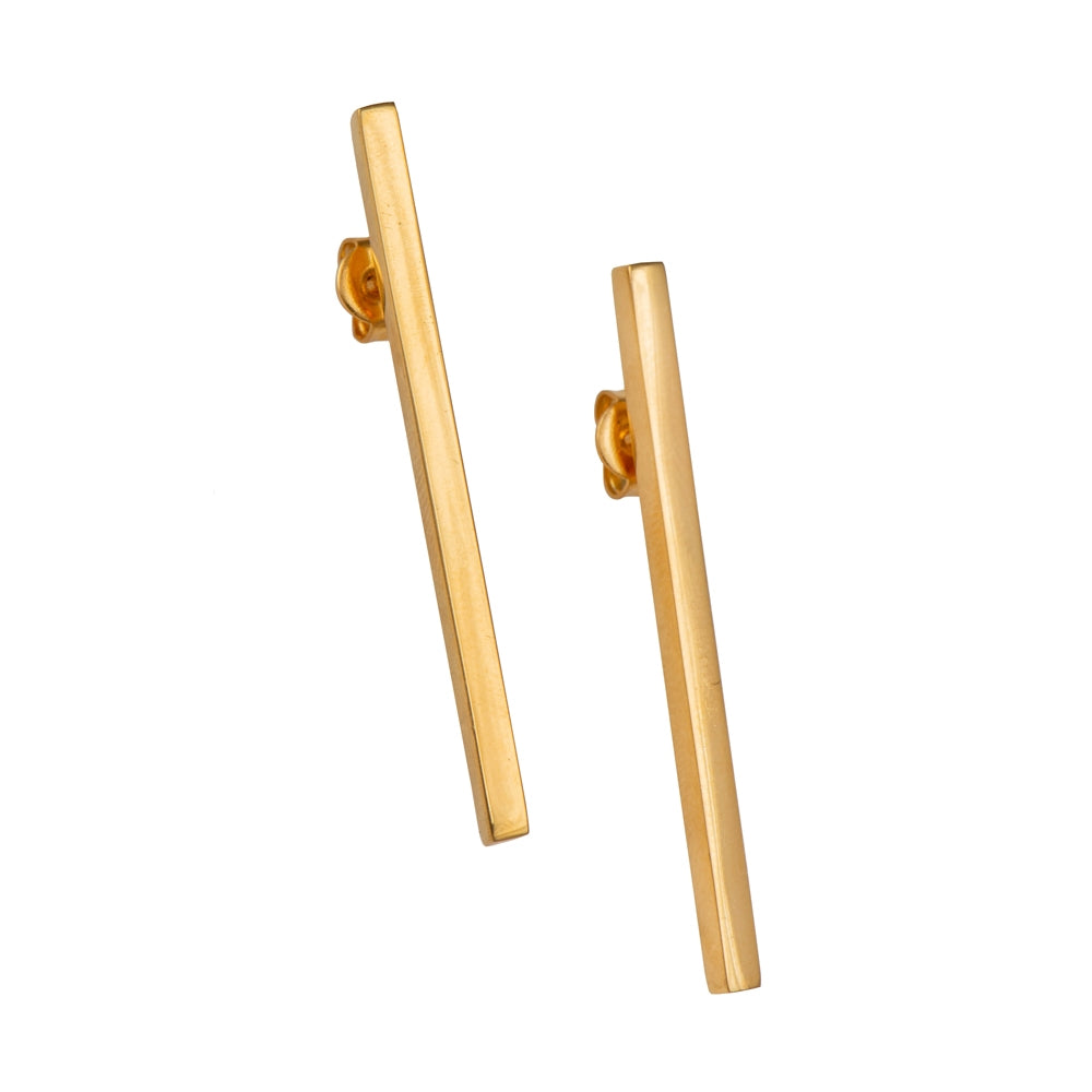Long Cuboid Shaped Straight Bar Gold Plated Sterling Silver Earrings