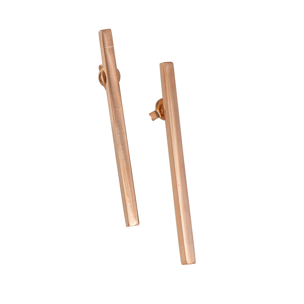 Long Cuboid Shaped Straight Bar Rose Gold Plated Sterling Silver Earrings