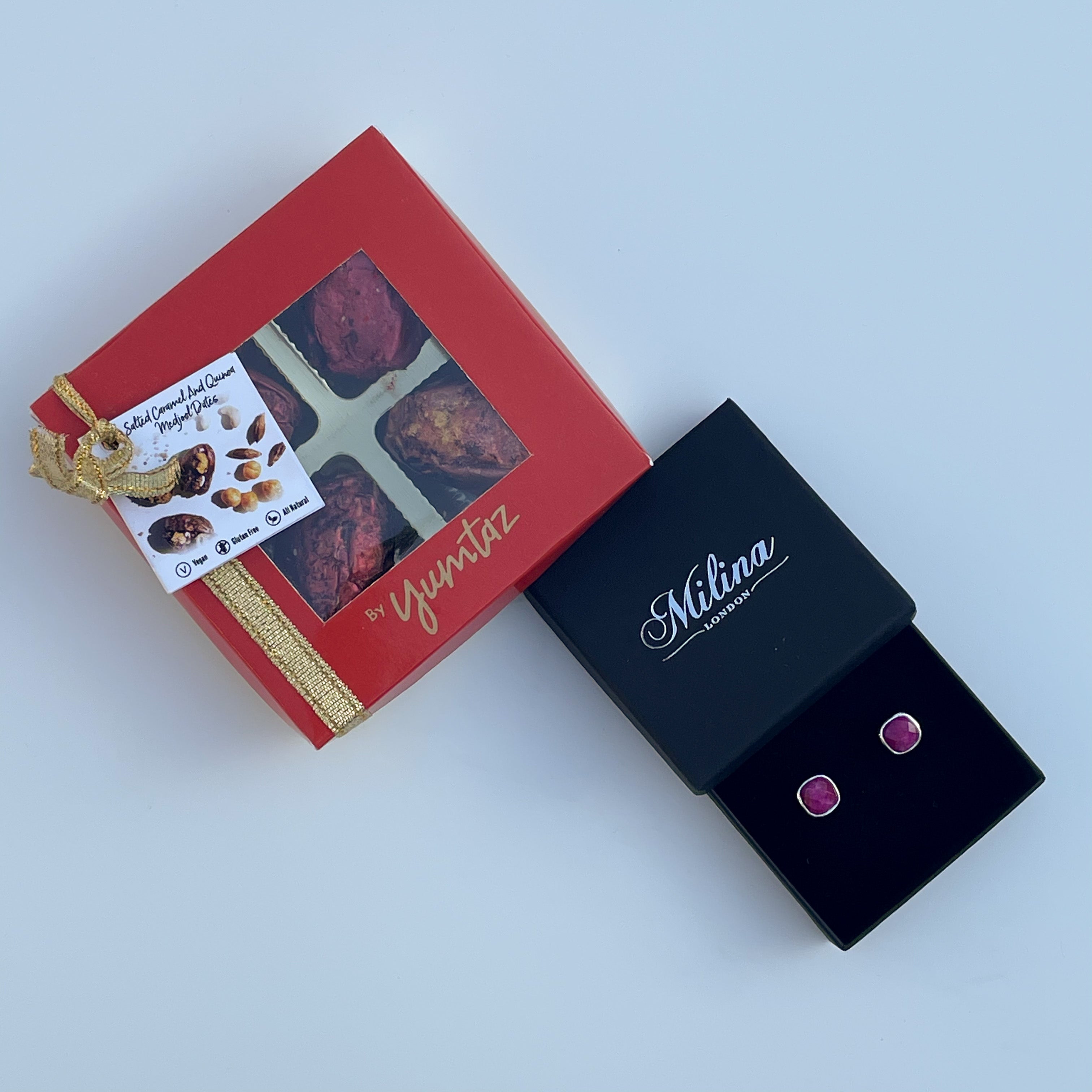 Ruby Quartz Studs in Sterling Silver with a box of 4 Stuffed Medjool Dates