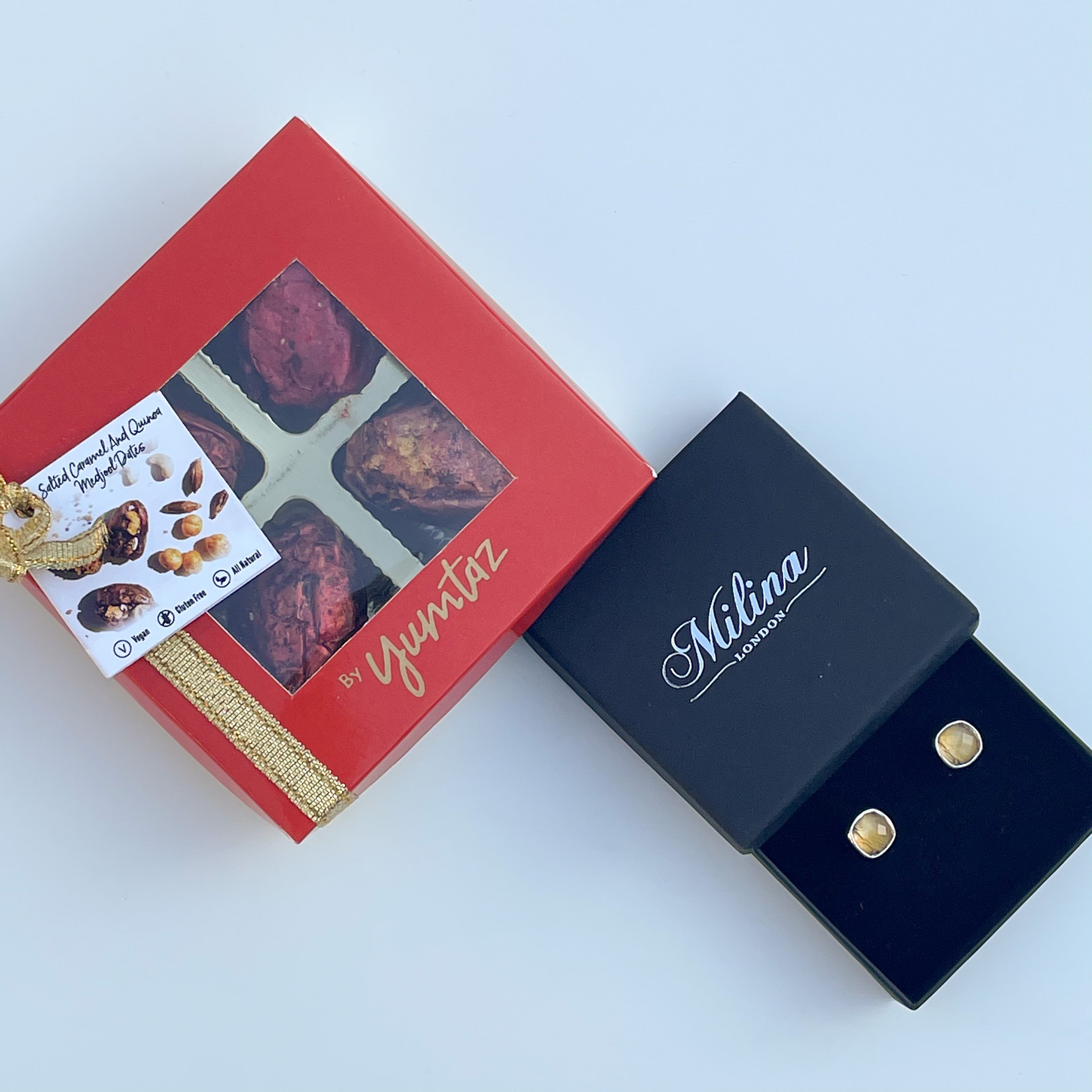 Citrine Studs in Sterling Silver with a box of 4 Stuffed Medjool Dates