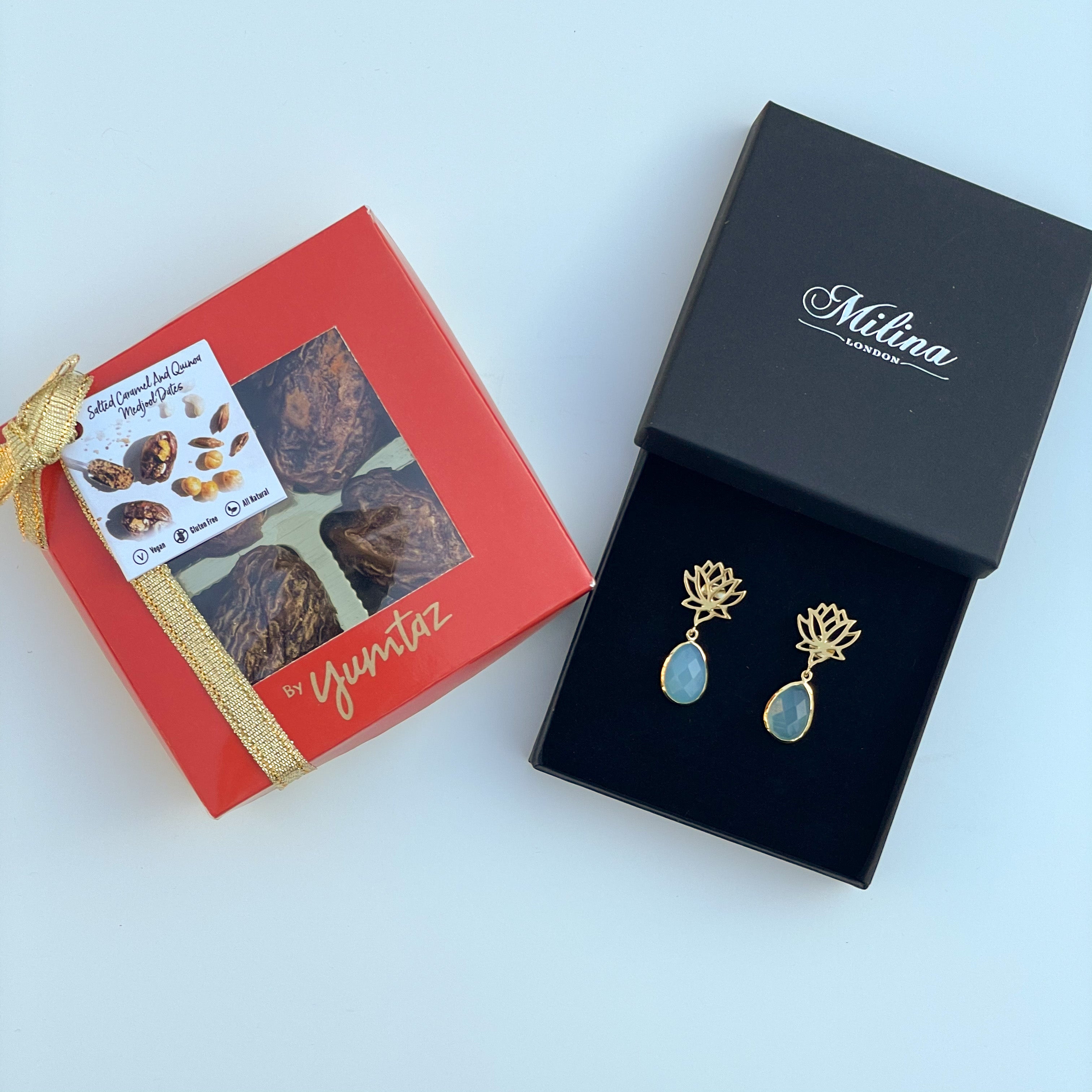 Aqua Chalcedony Lotus Earrings in Gold Plated Sterling Silver with a box of 4 Stuffed Medjool Dates