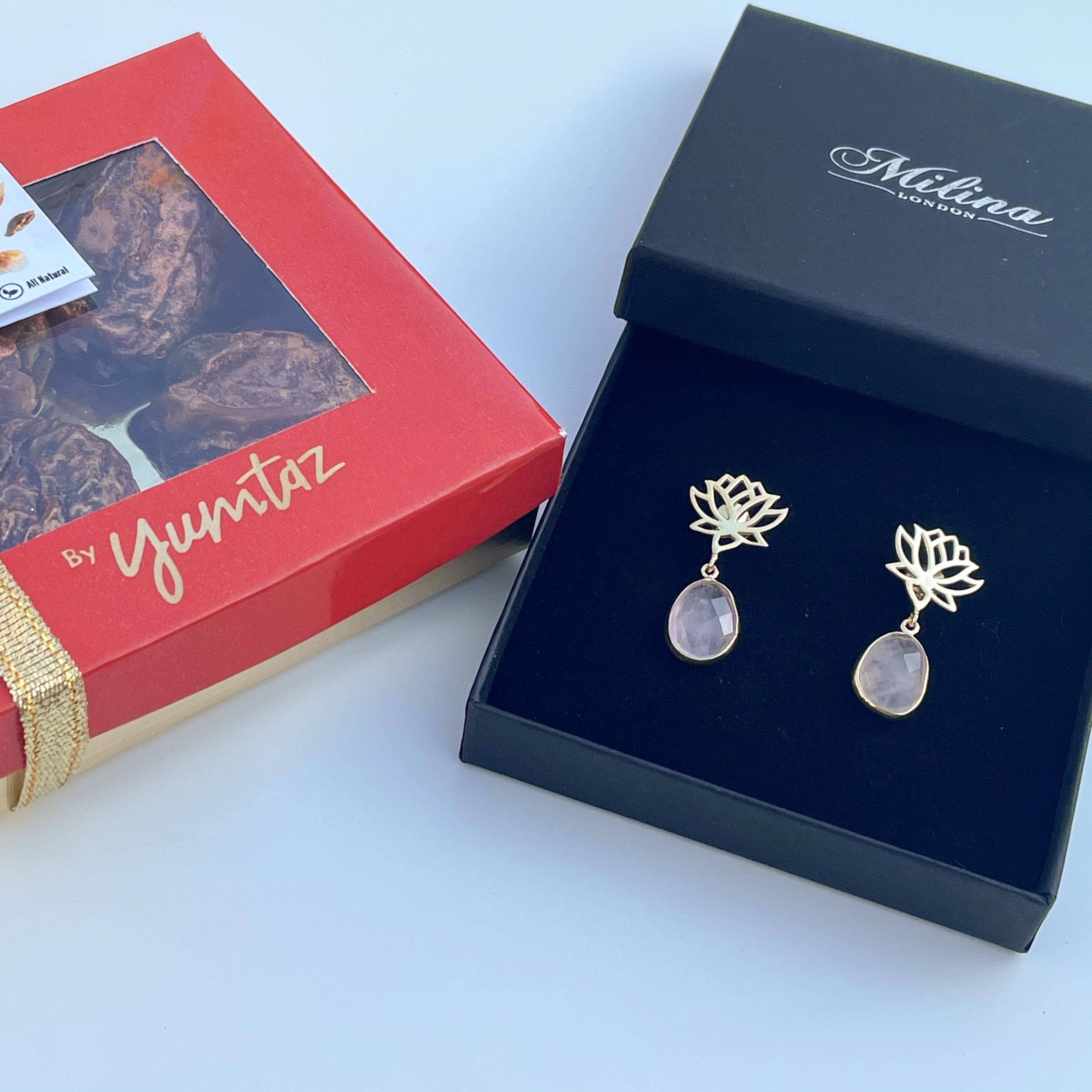 Rose Quartz Lotus Earrings in Gold Plated Sterling Silver with a box of 4 Stuffed Medjool Dates