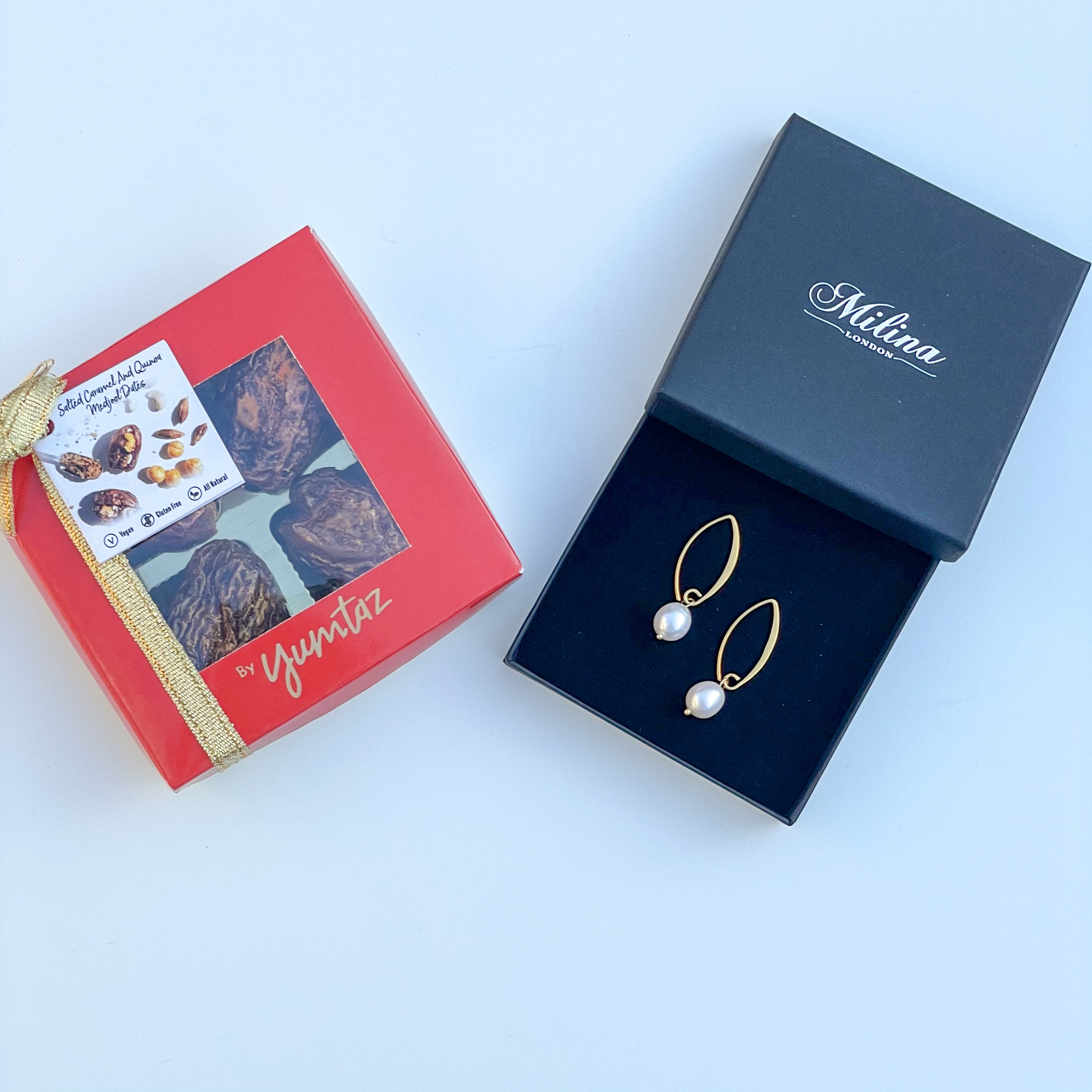 Pearl Drop Earrings in Gold Plated Sterling Silver with a box of 4 Stuffed Medjool Dates