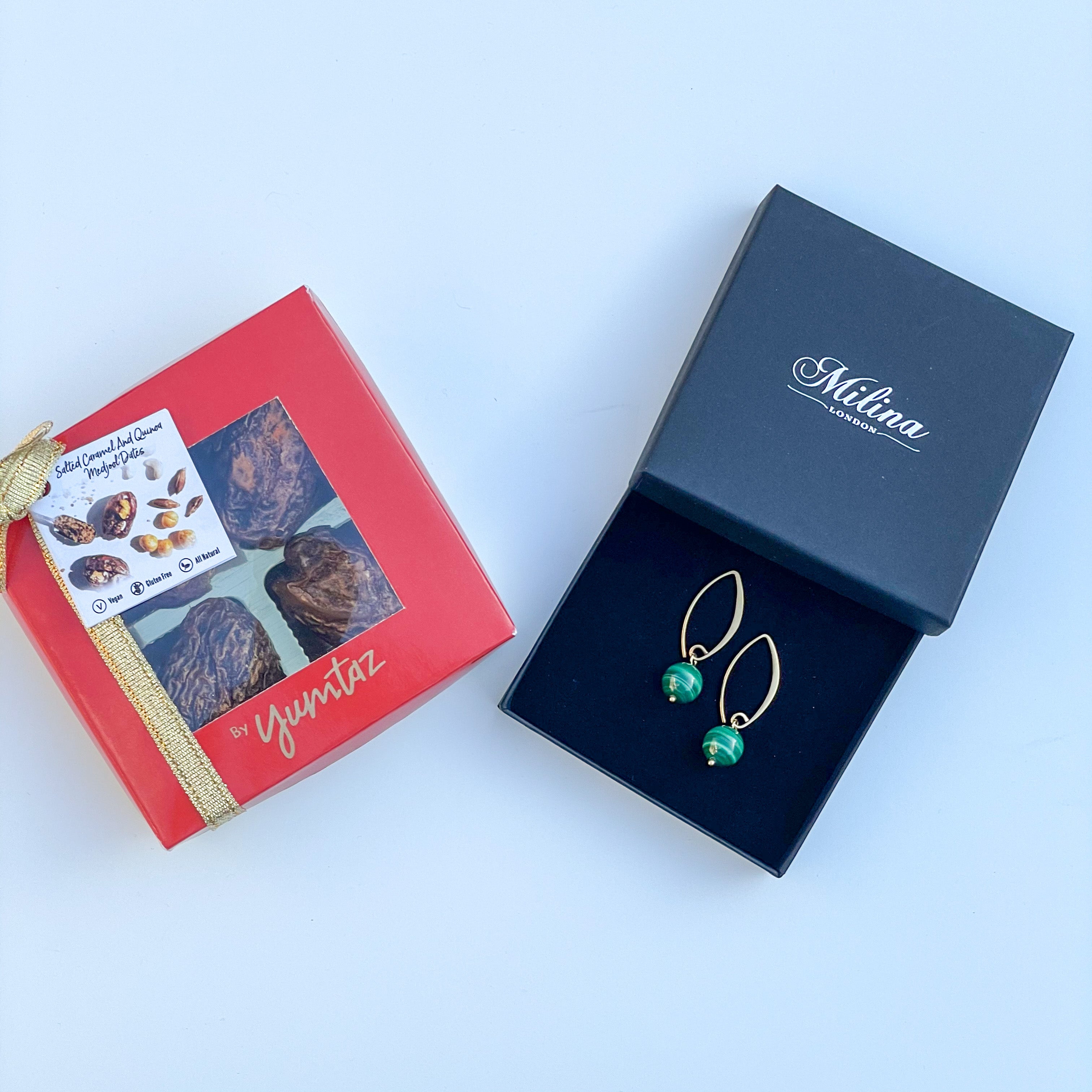 Malachite Drop Earrings in Gold Plated Sterling Silver with a box of 4 Stuffed Medjool Dates